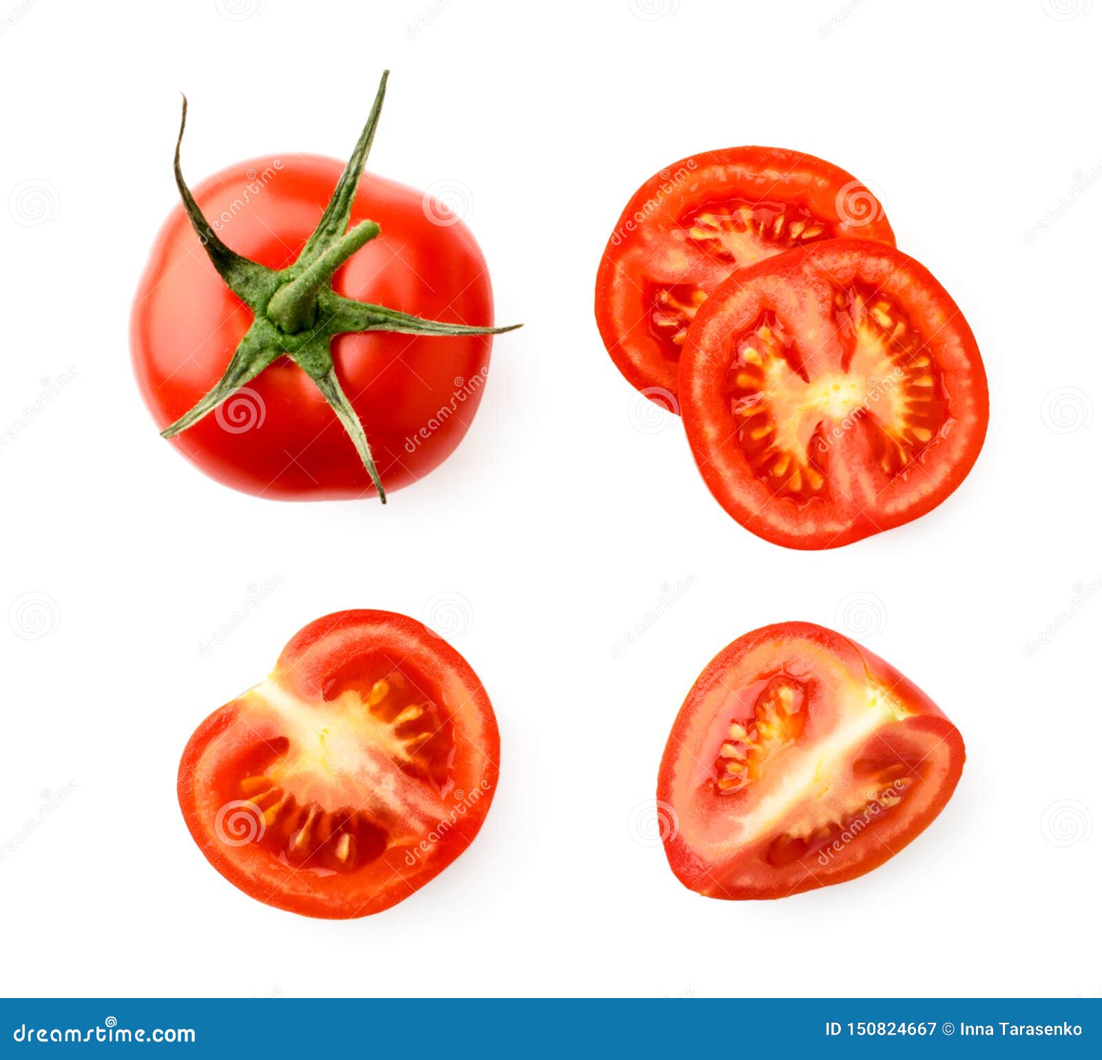 Set of Red Tomato, Half and Pieces on a White. the View of the Top