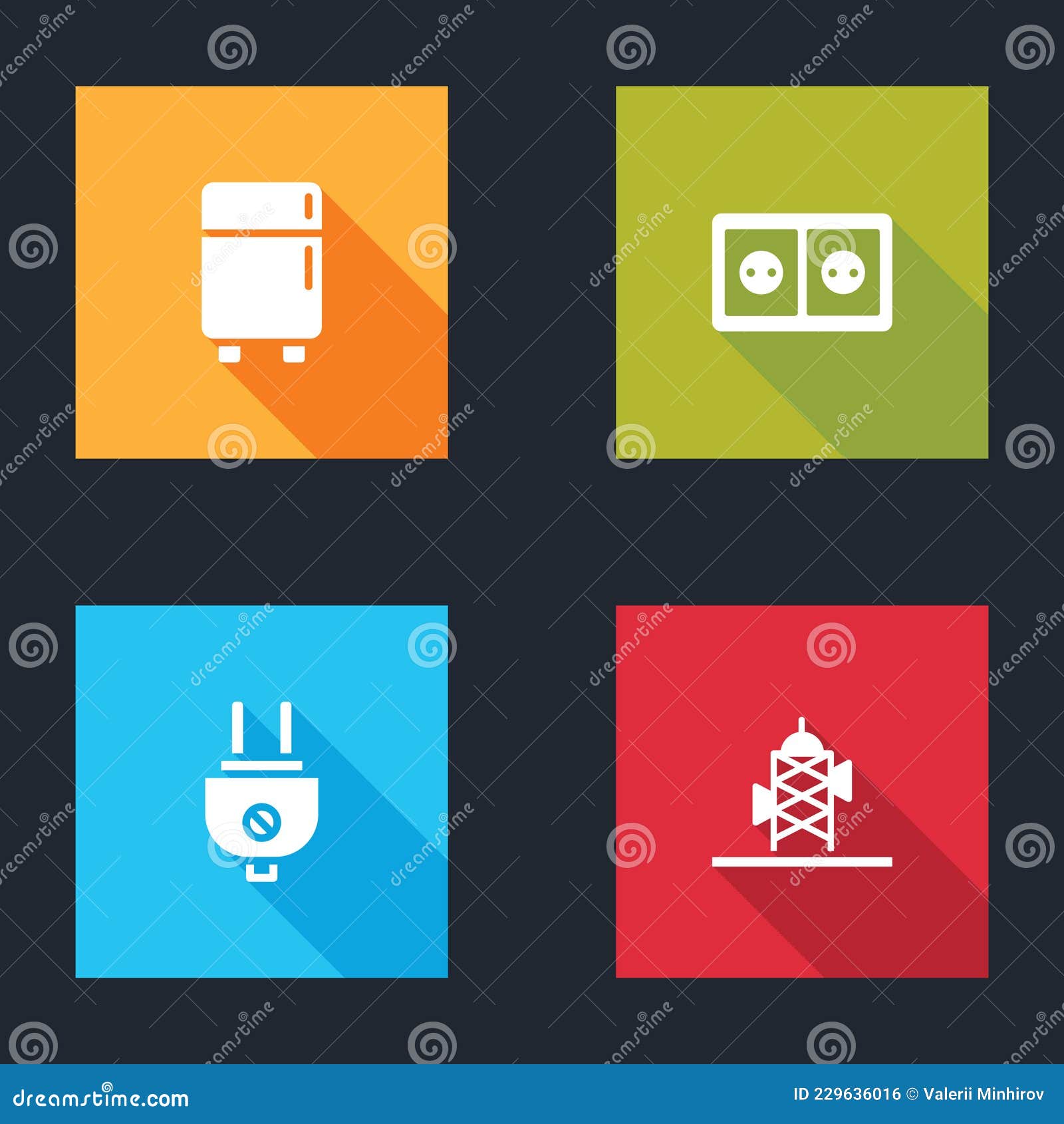 Set Refrigerator, Electrical Outlet, Plug and Antenna Icon. Vector Stock Vector Illustration
