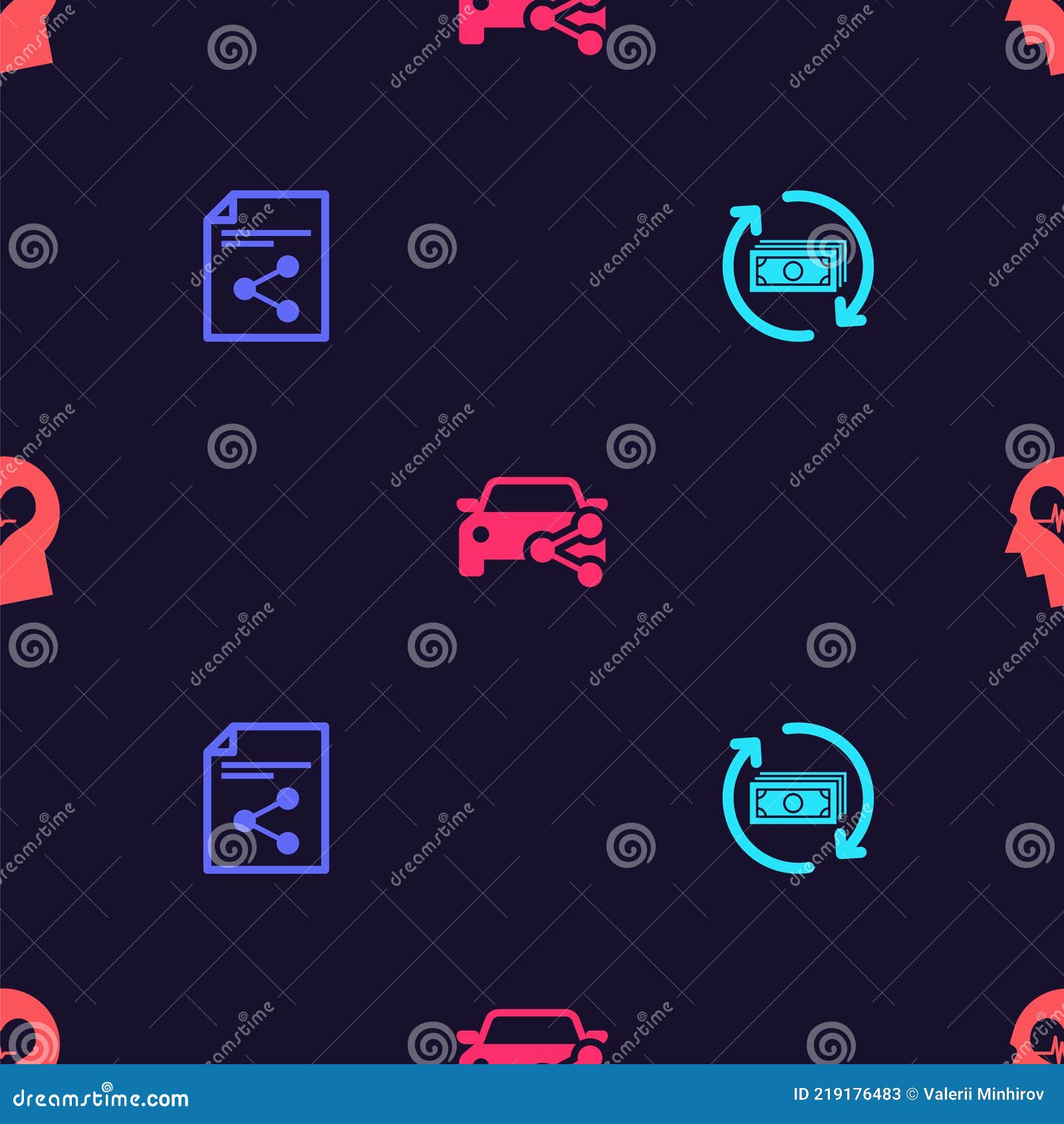 set refund money, share file, car sharing and head with heartbeat on seamless pattern. 