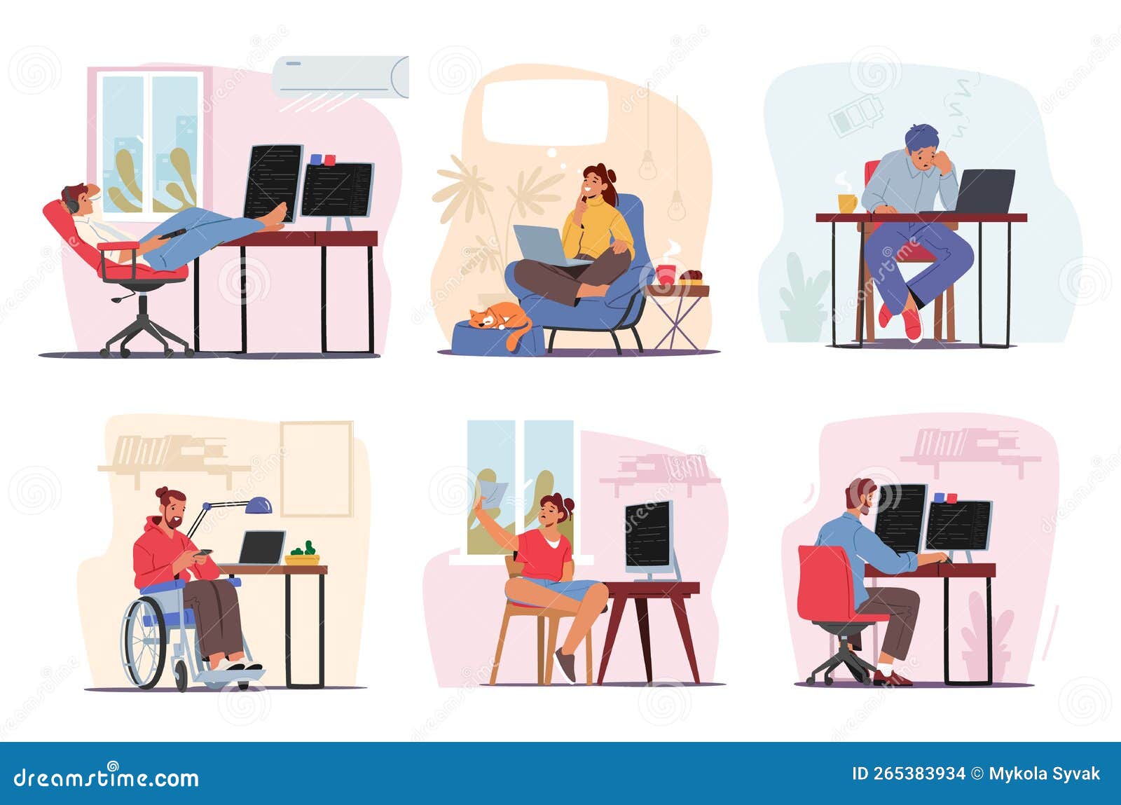 set remote workplace, homeworking concept. men and women freelancers characters working from home on computers