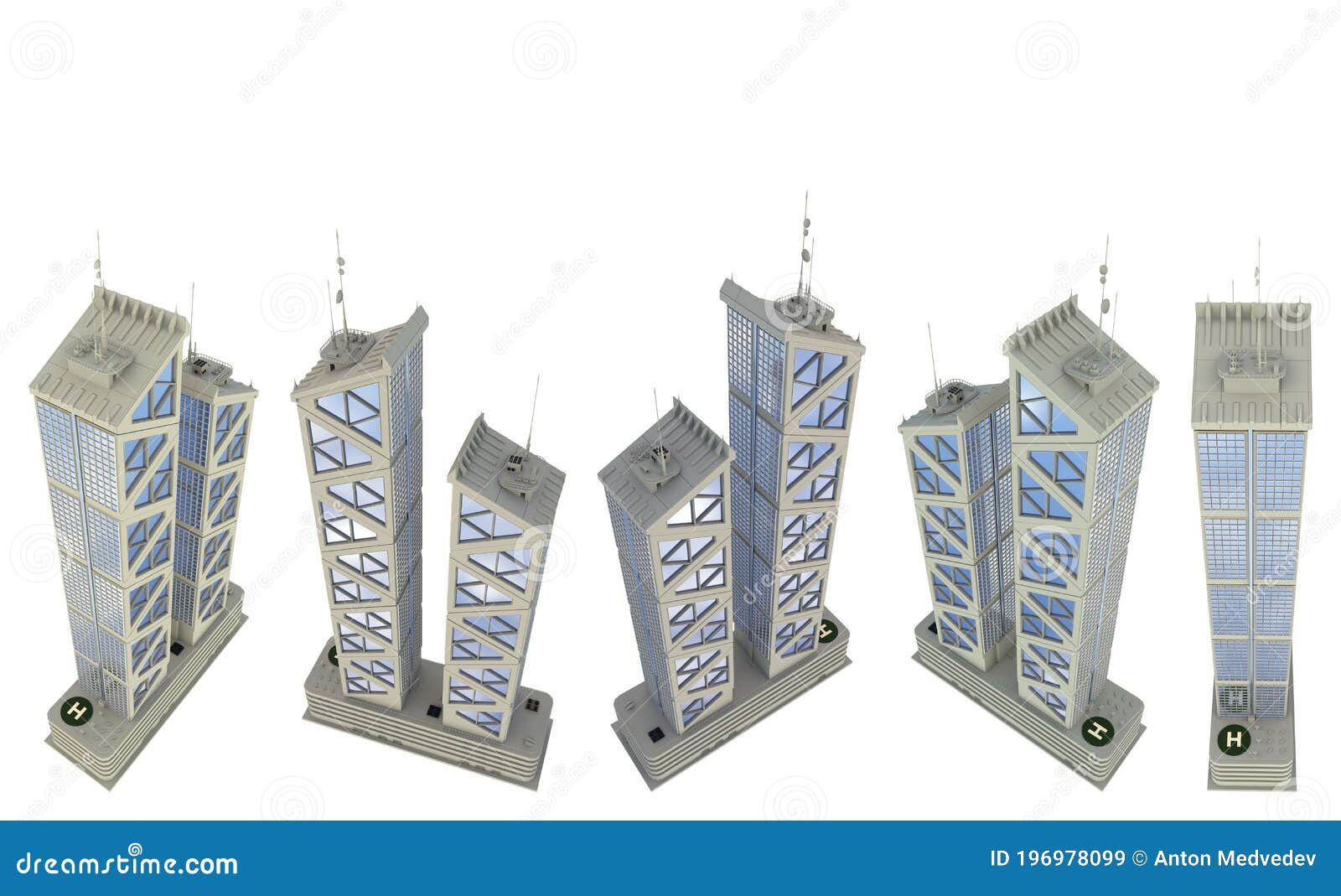 Set of 5 Renders of Fictional Design Financial Skyscrapers with Two