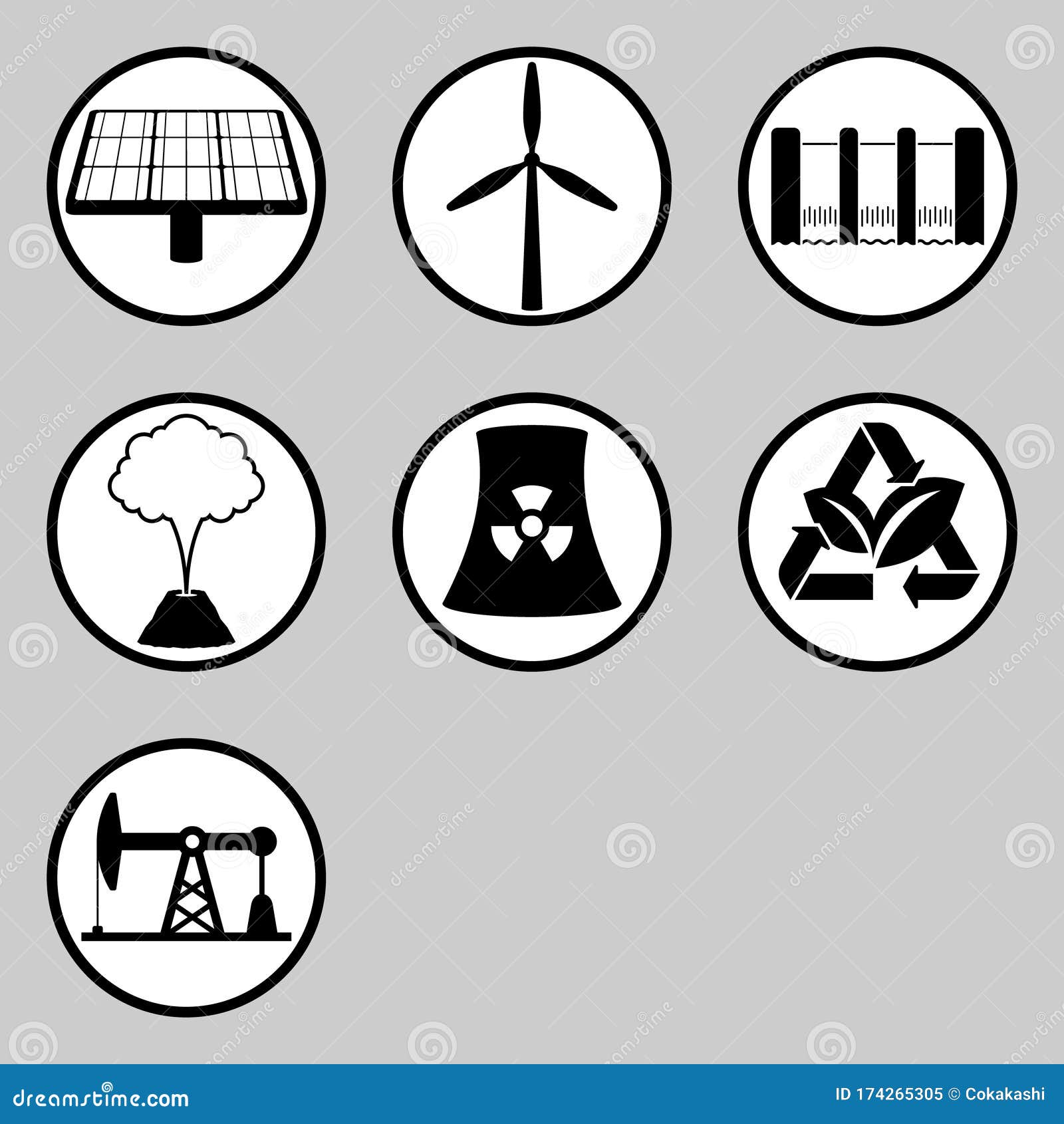 set of renewable energy and wasteful energy icon.