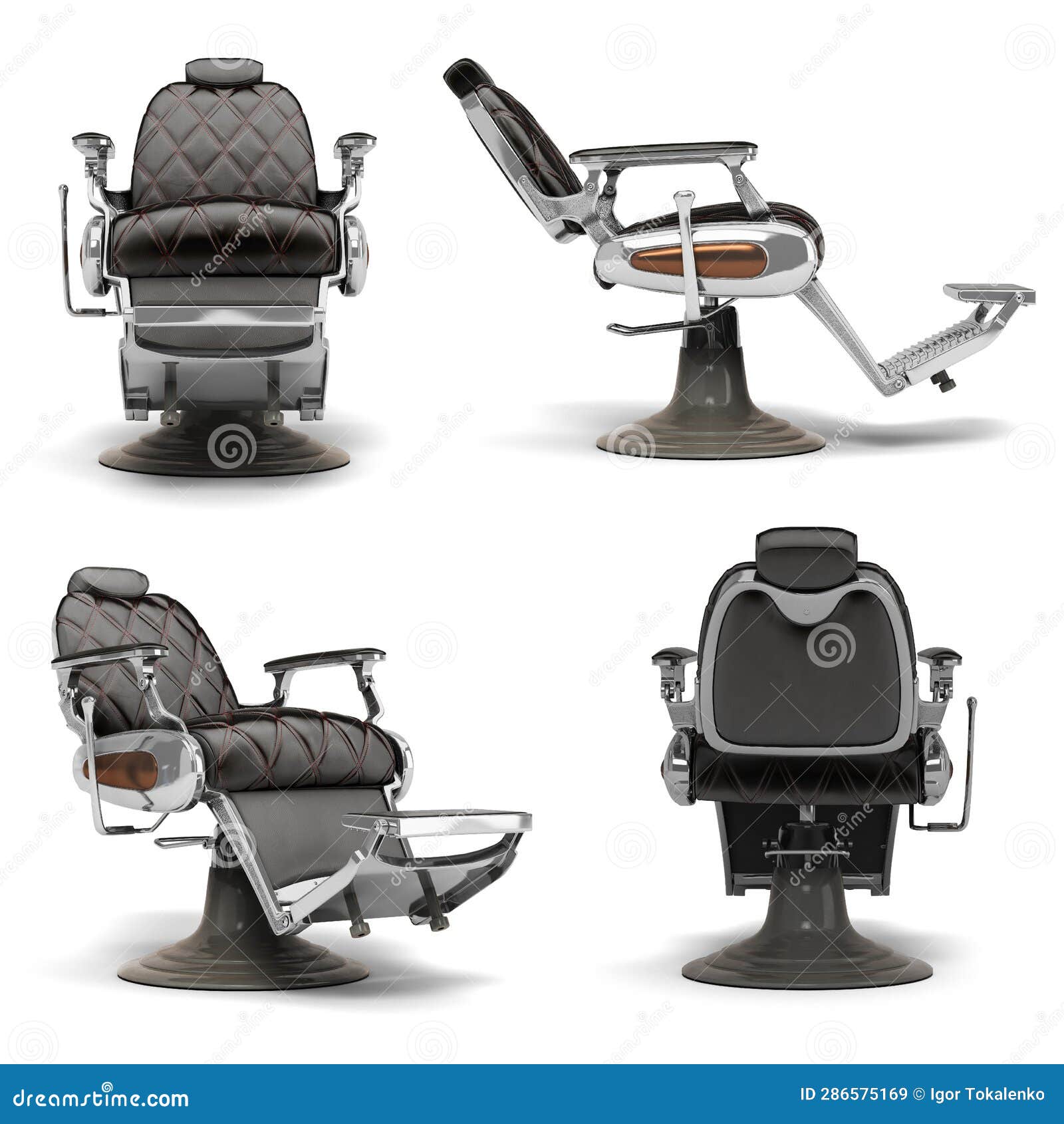 Set of Retro Black Leather Barber Chair with Chrome Inserts Back View