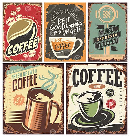 Set of Retro Coffee Tin Signs Stock Vector - Illustration of concept ...