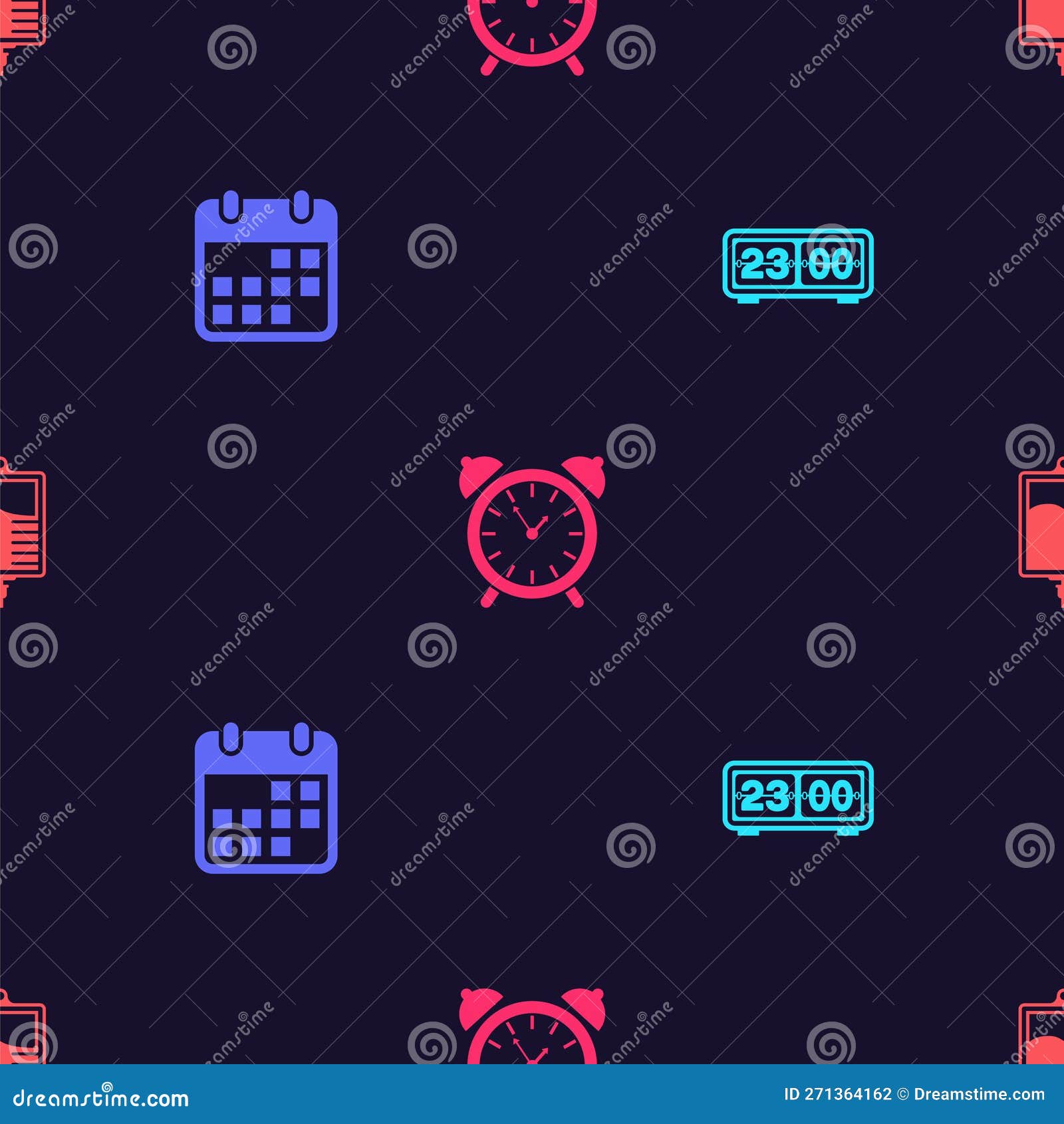 Set Retro Flip Clock, Calendar, Alarm and IV Bag on Seamless Pattern