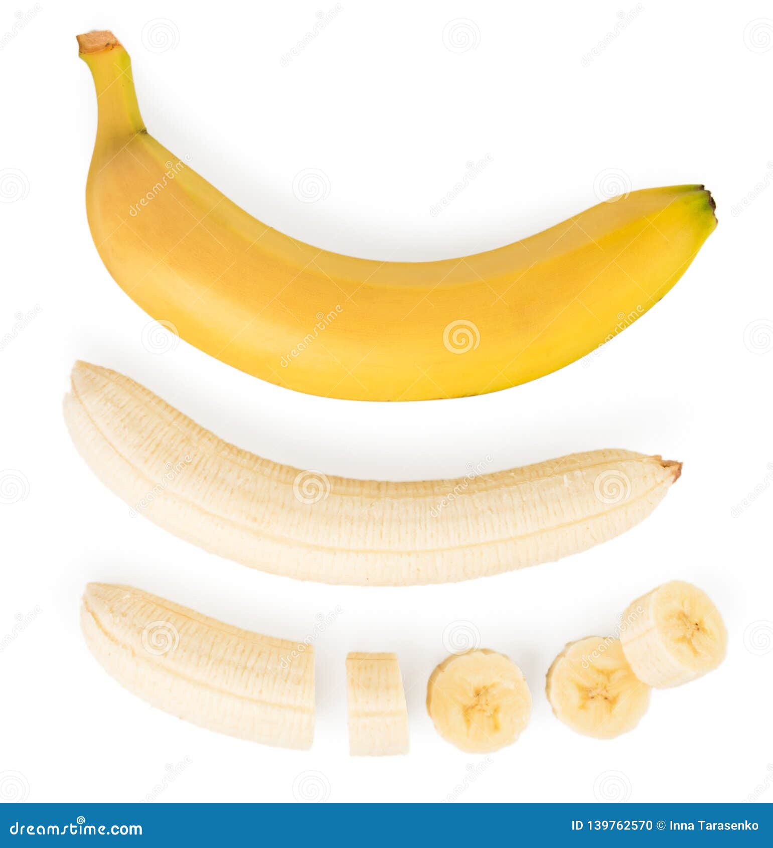 Set of Ripe Banana, Pulp and Pieces on a White. the Form of the Top