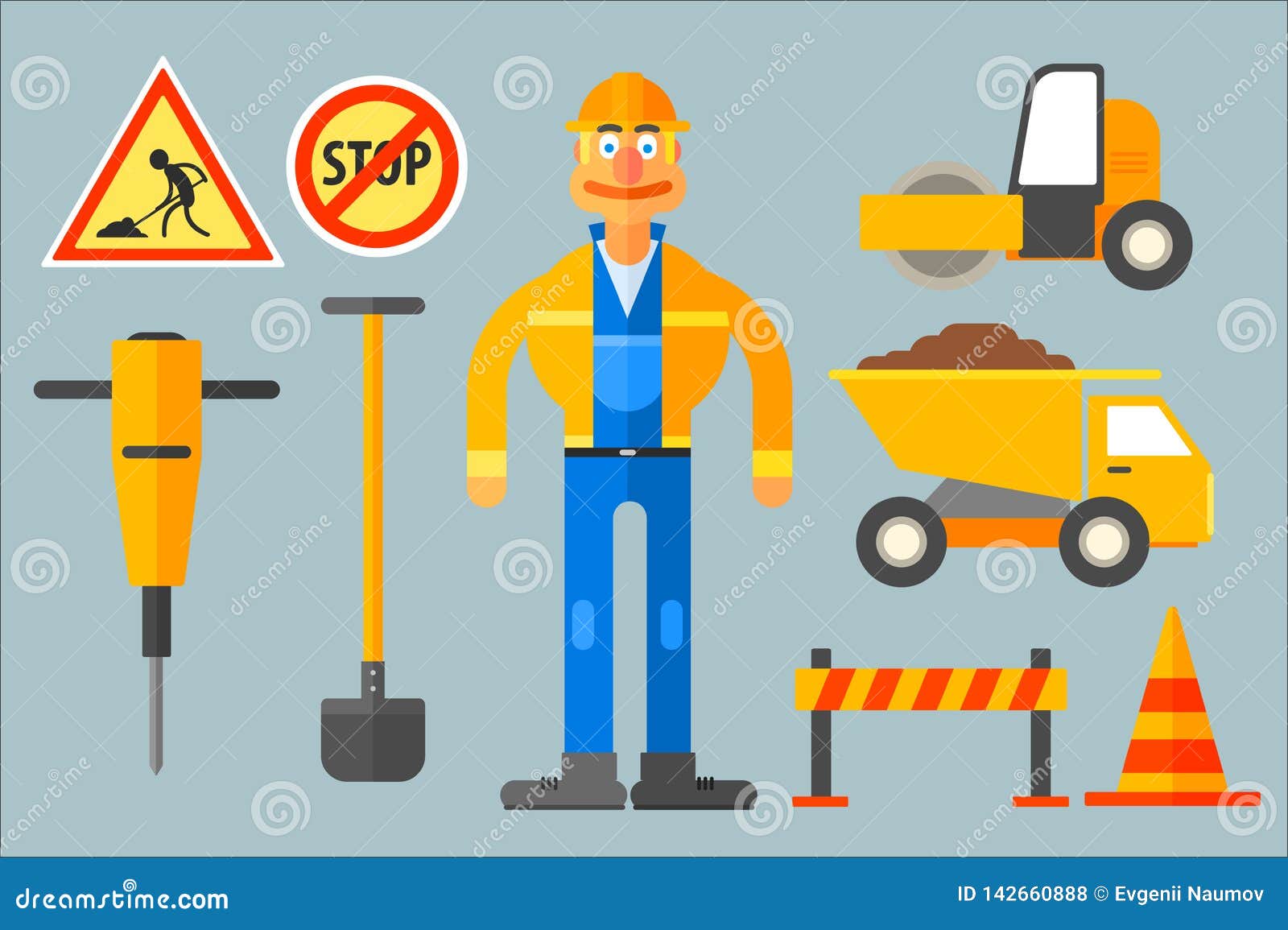 Set with Road Worker and Various Equipment. Man in Working Uniform ...