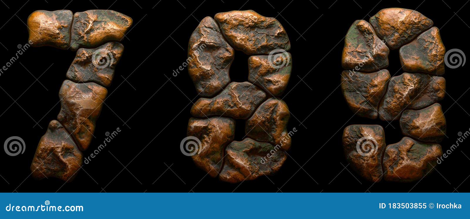 set of rocky numbers 7, 8, 9. font of stone on black background. 3d