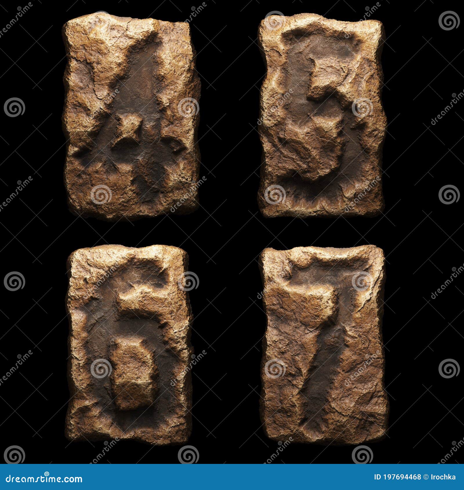 set of rocky numbers 4, 5, 6, 7. font of stone on black background. 3d