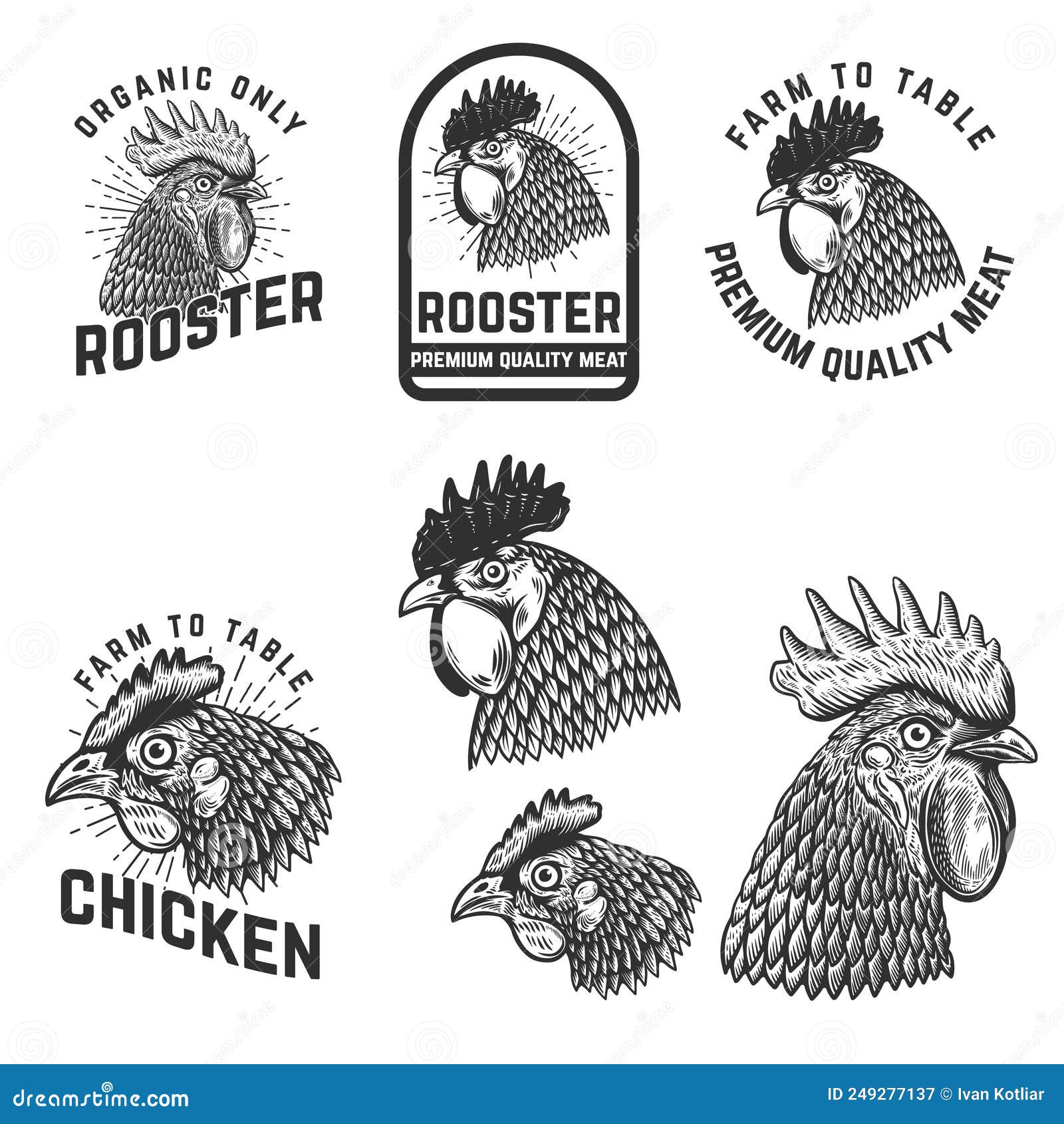 Set of Rooster Meat Emblems. Design Element for Logo, Label, Sign