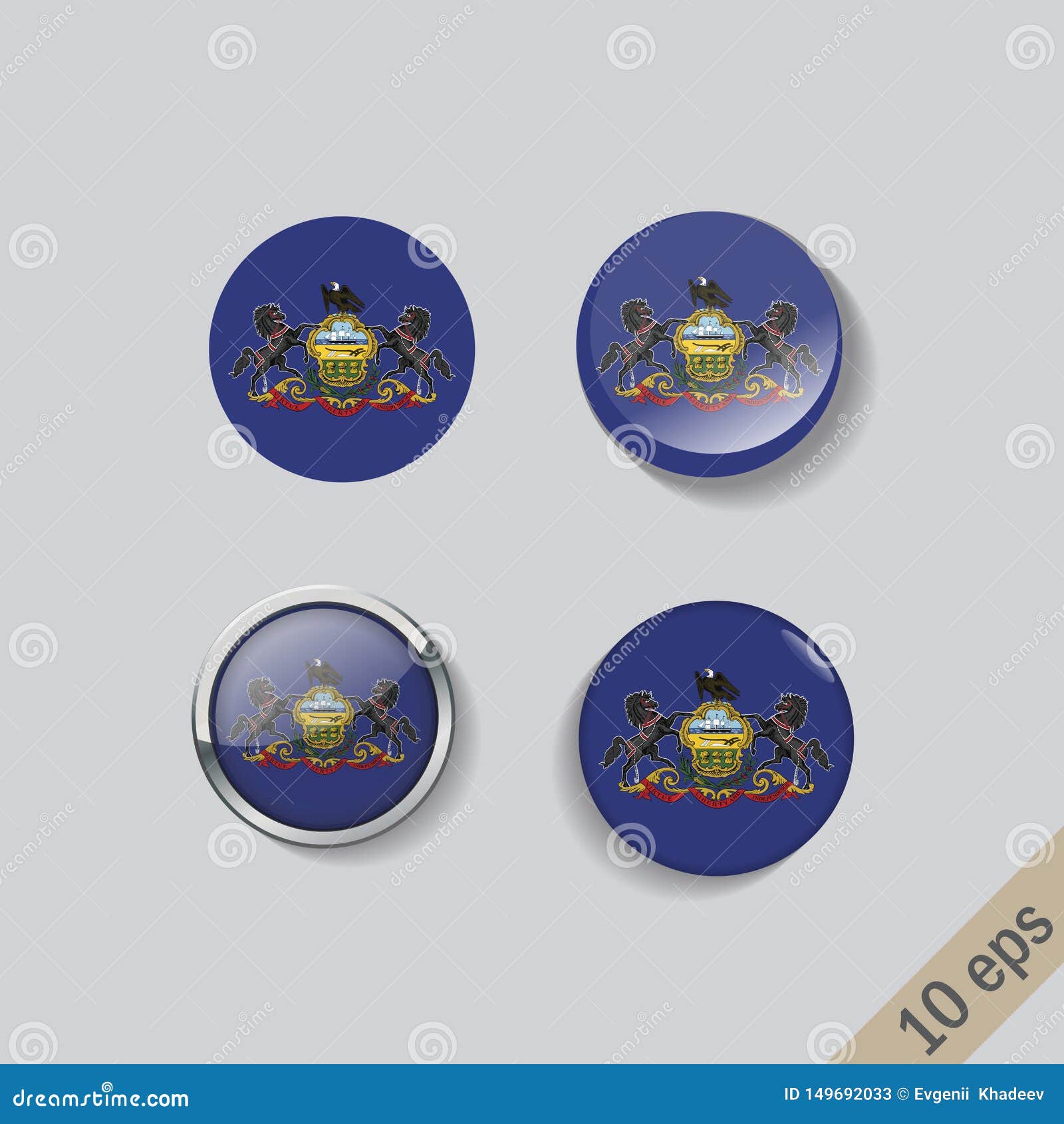 set of round buttons with the image of pensilvania state flag on gray background with shadow