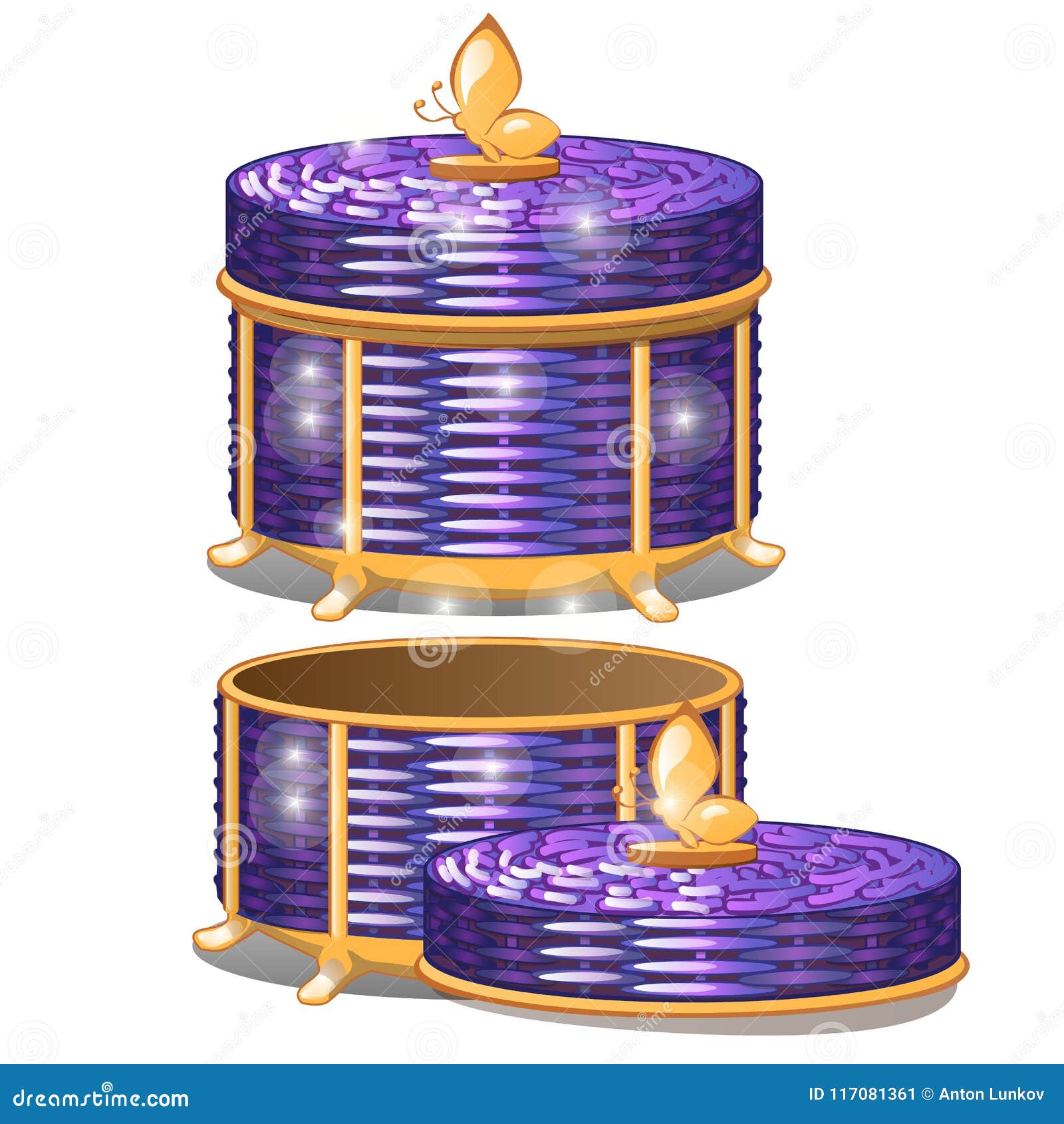 Set of Round Wicker Baskets with Lids. Vector Illustration. Stock