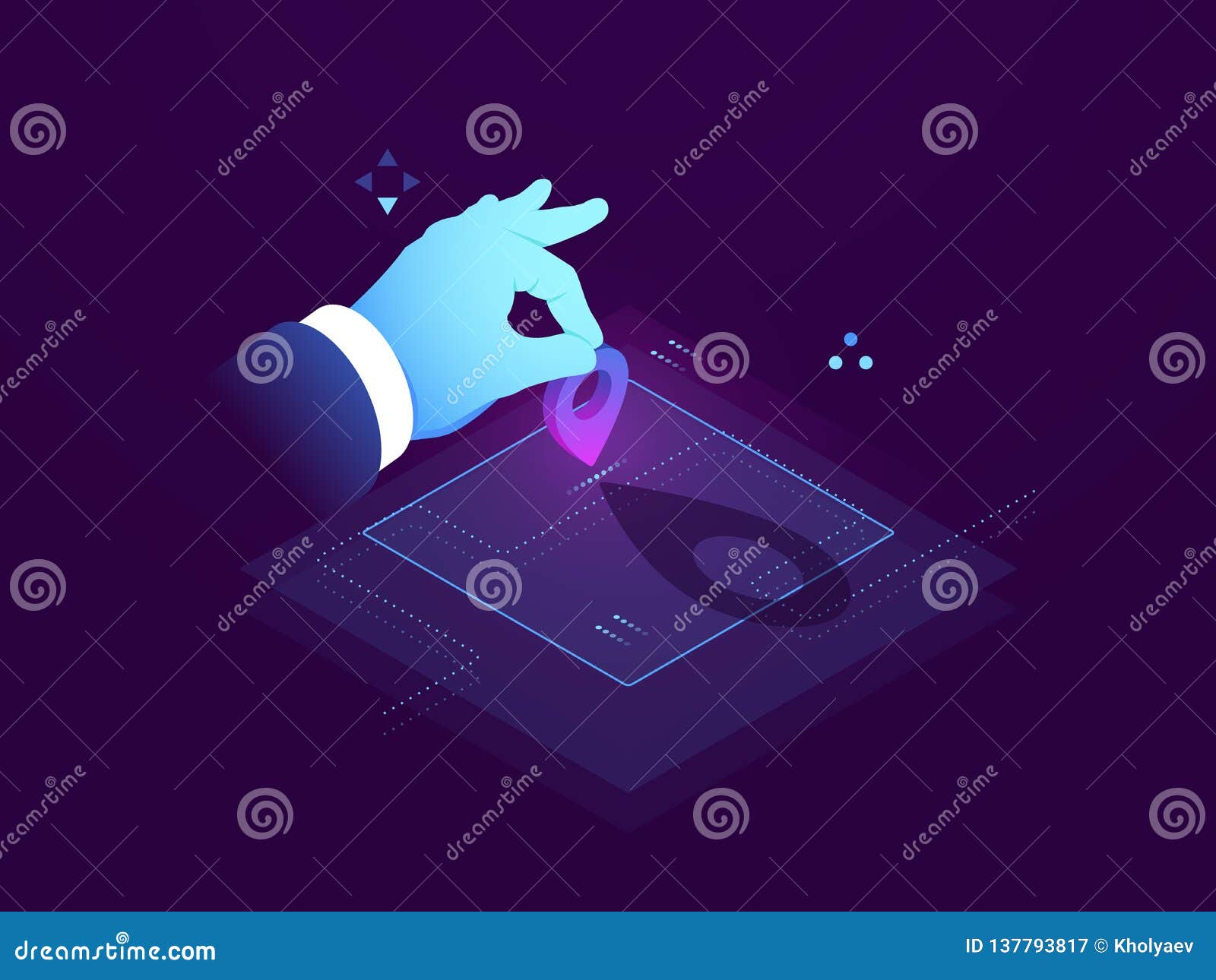 set route, address destination, gps navigator pin blue color map, set a mark on map isometric view, flat 