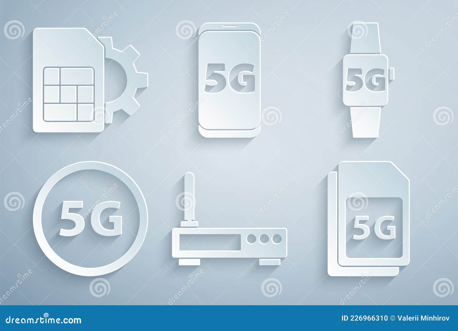 Set Router and Wifi Signal Smart Watch 5g Network Sim Card Mobile with and Card Setting Icon. 226966310