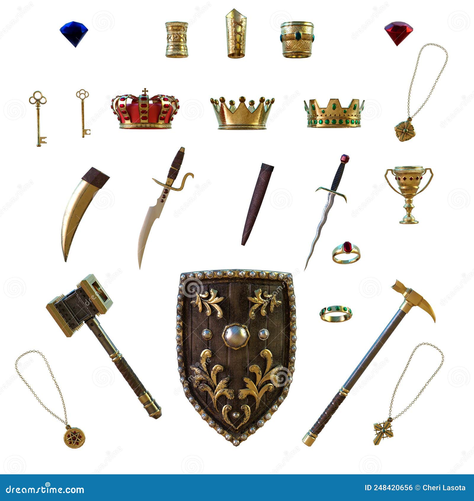 Set of Royal Accoutrements with Shield, Dagger, and Necklaces, 3D