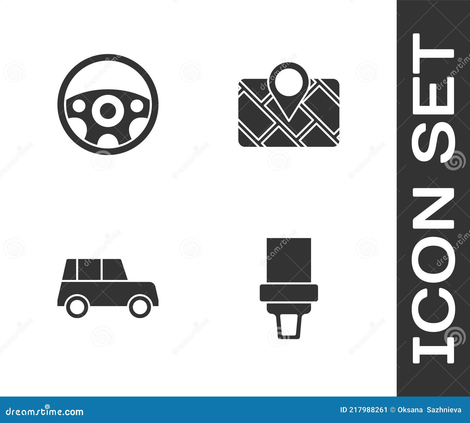 Set Safety Belt, Steering Wheel, Car and Gps Device with Map Icon