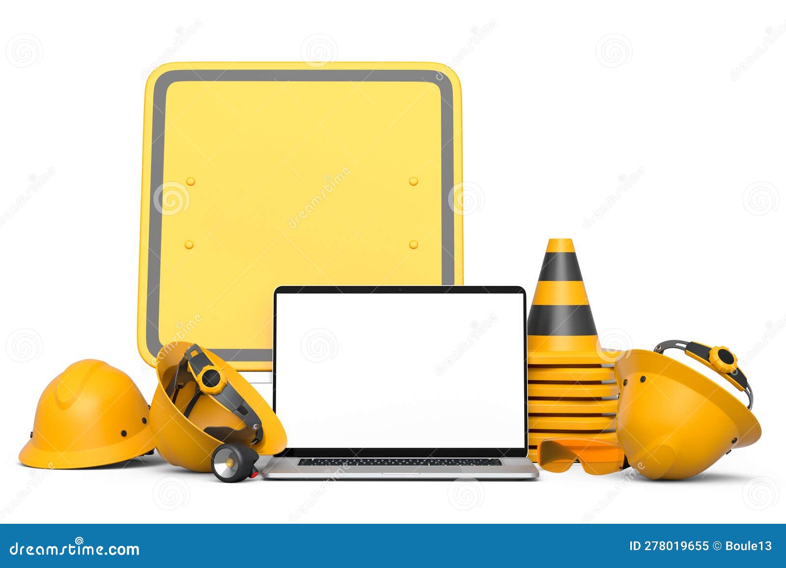 set of safety helmet or hard hat, road traffic cones and sign near laptop