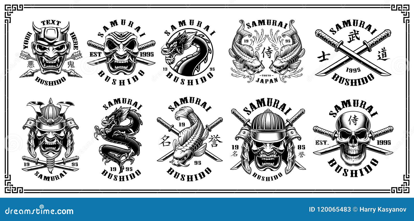 set of samurai emblems on white background