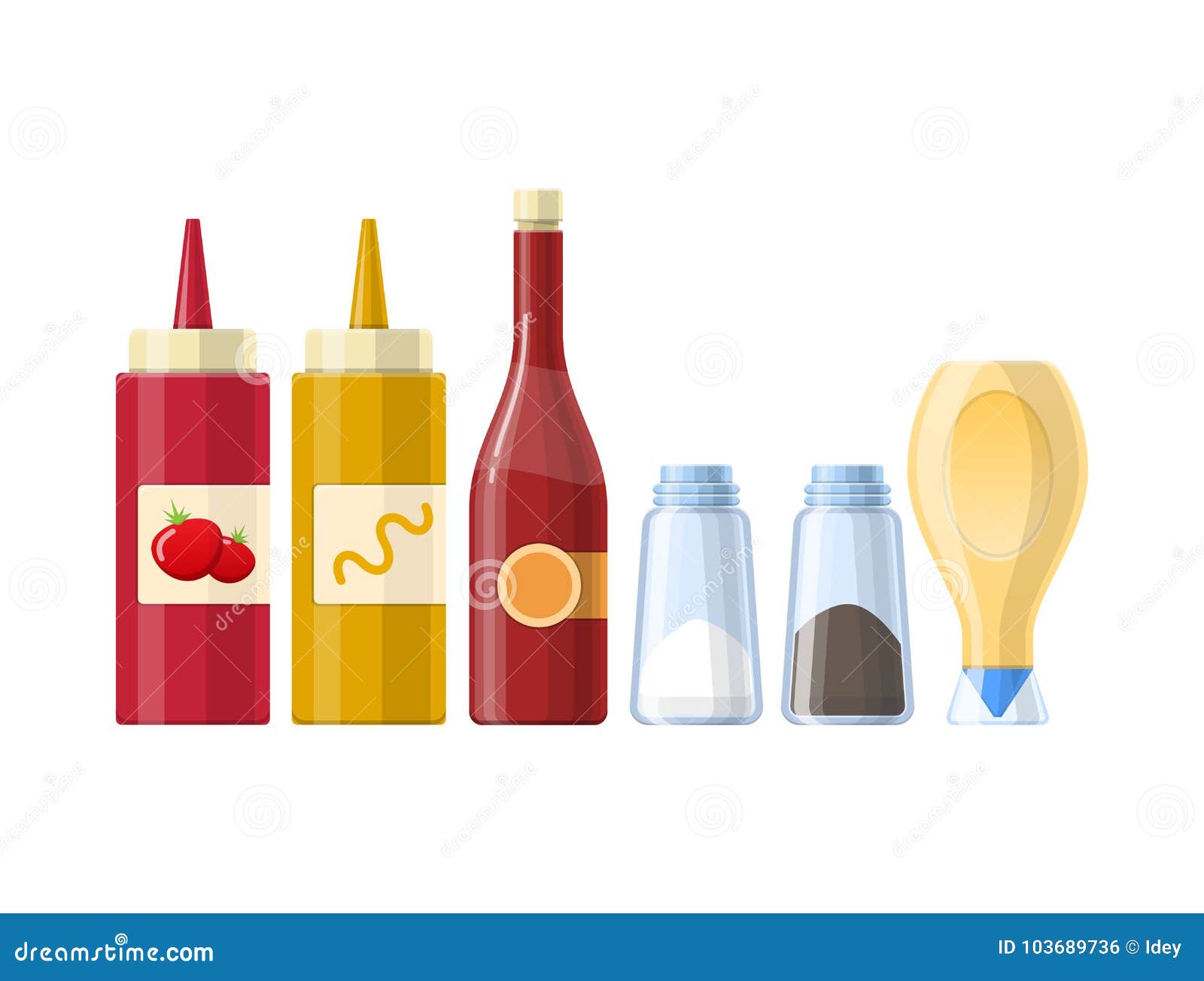set of sauces, spices and condiments, in different realistic bottles.