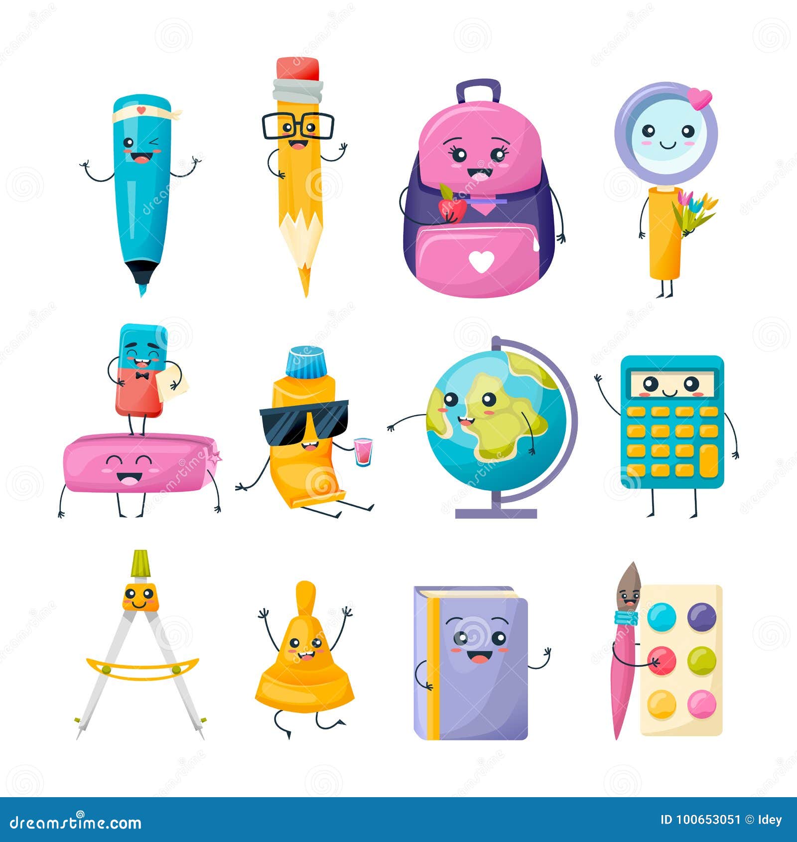 Set of School Funny Office Supplies Characters. School Writing Stationery.  Stock Vector - Illustration of design, learning: 100653051