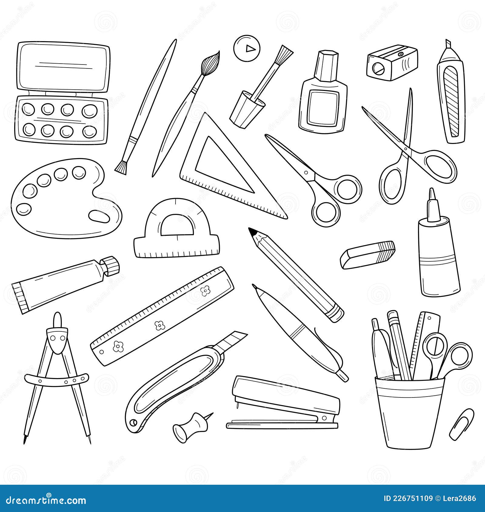 Drawing accessories color vector set. Doodle drawing supplies for school  and office Stock Vector