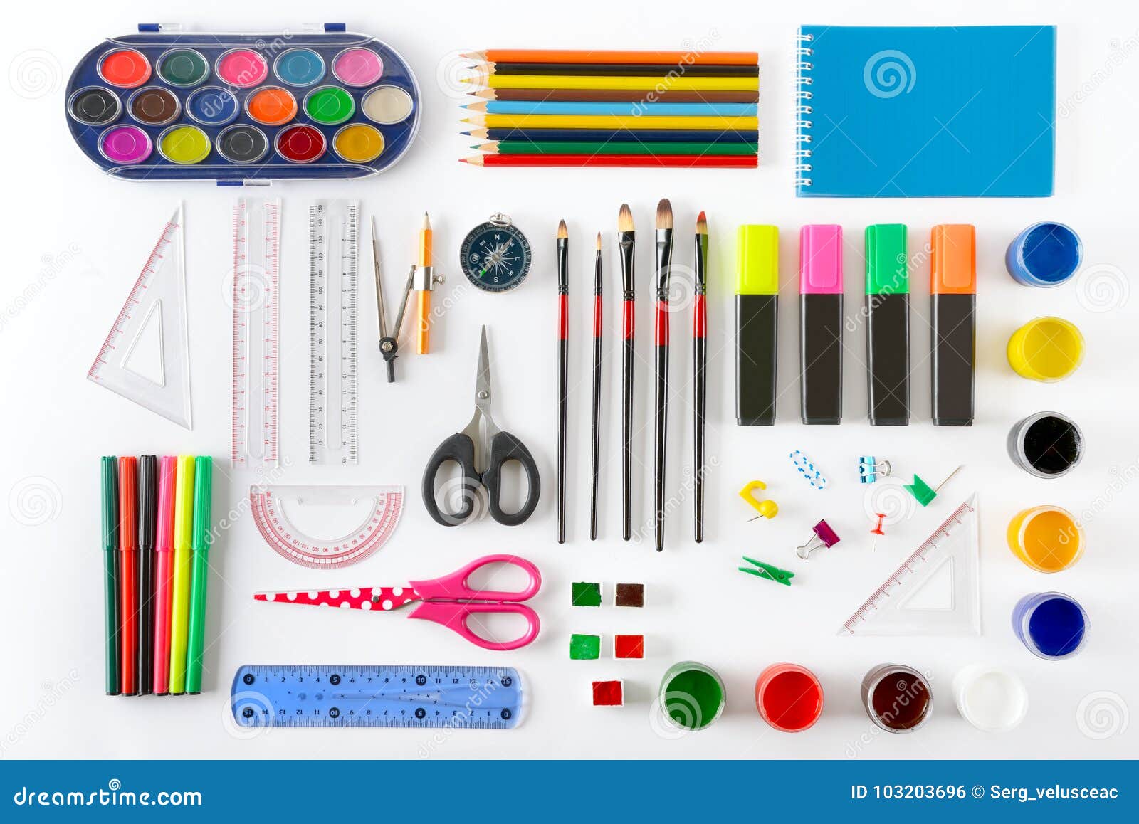Set of School Supplies on White Background. Paint, Pencils, Note Stock