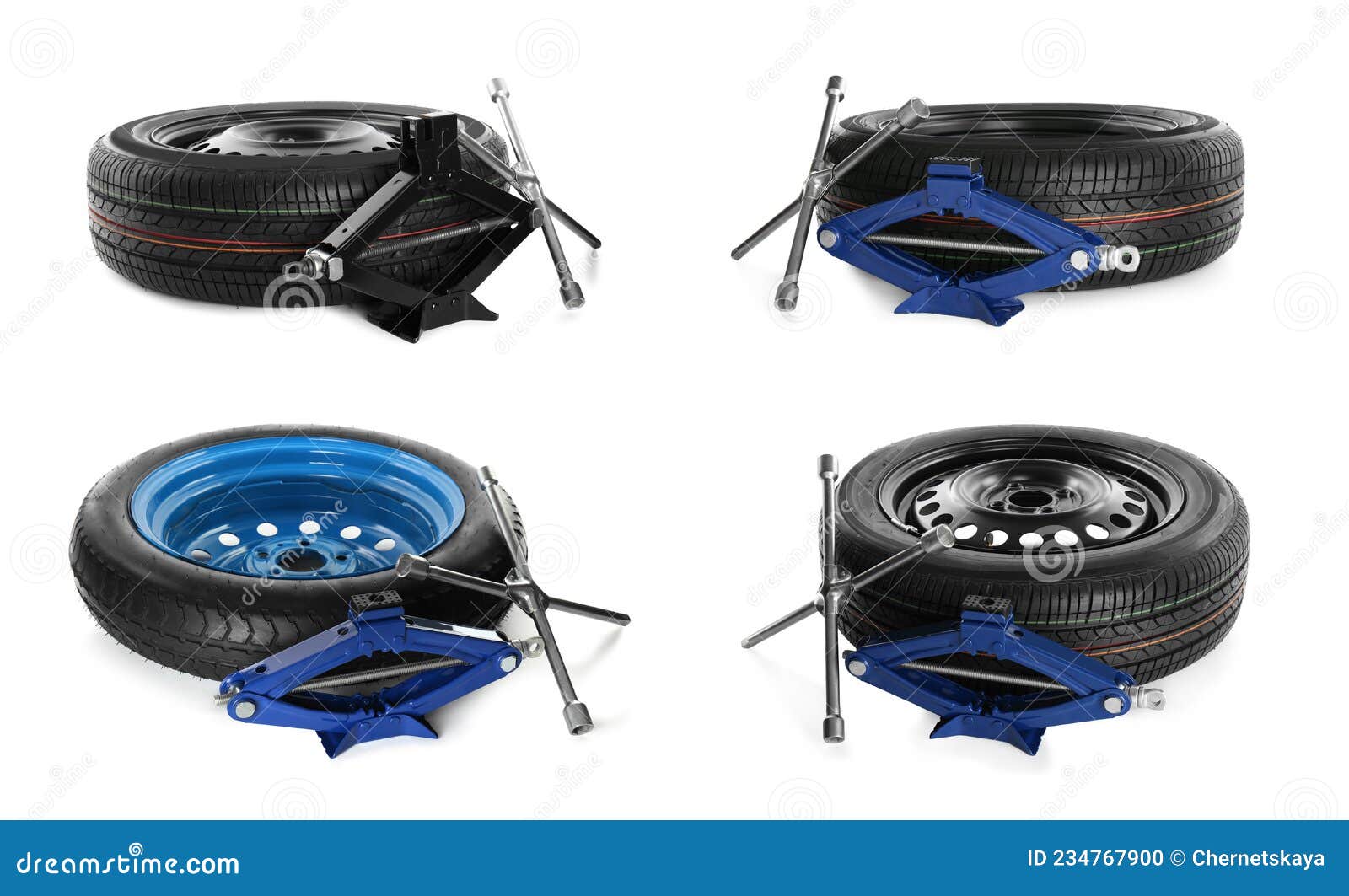 Set with Scissor Jacks, Cross Torque Wrenches and Wheels on White