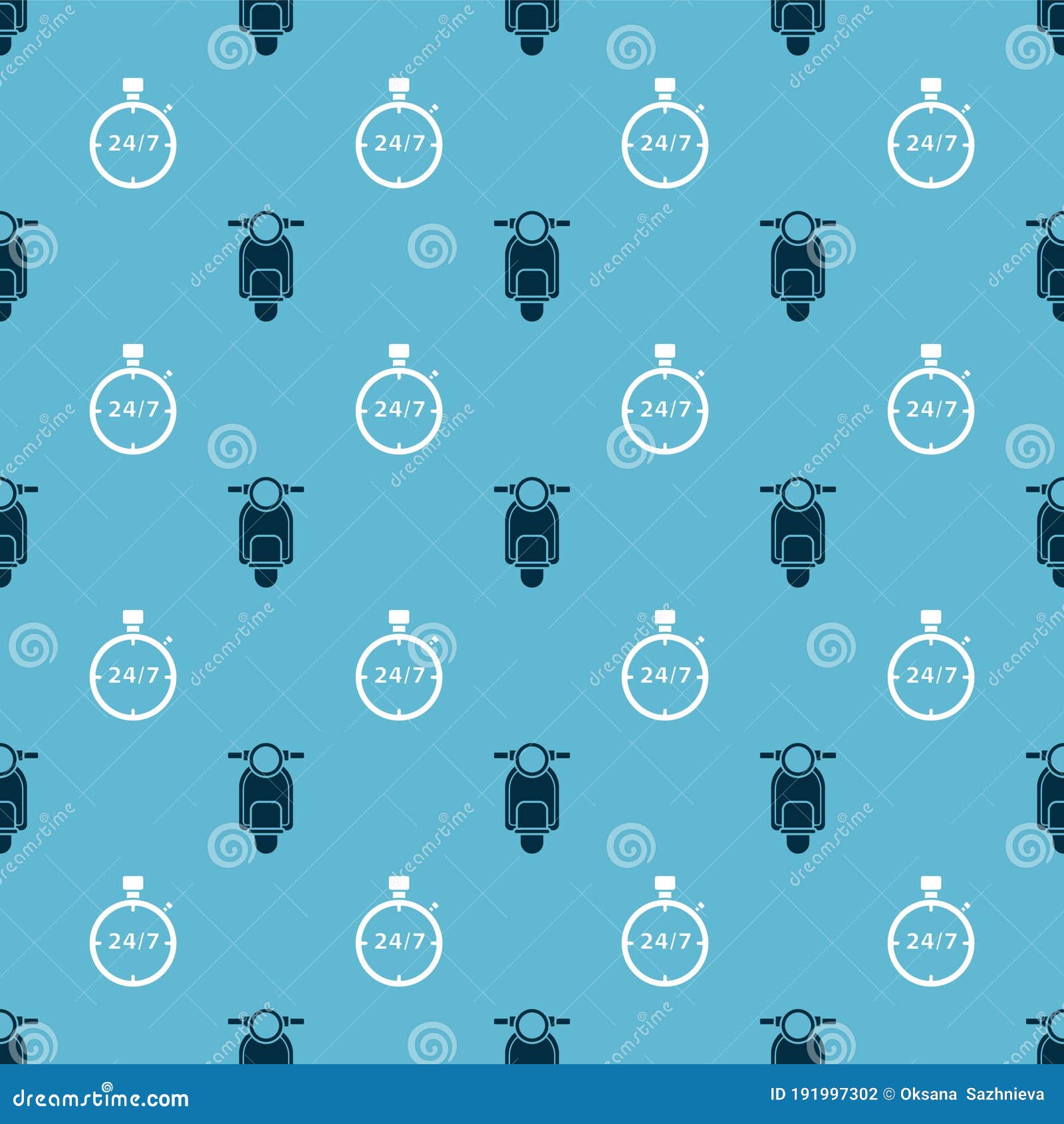 Set Scooter and Stopwatch 24 Hours on Seamless Pattern. Vector Stock