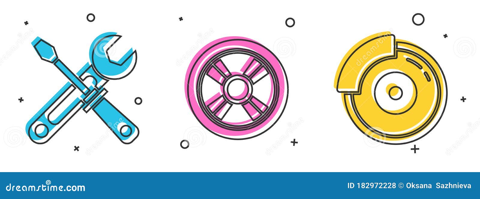 Set Screwdriver and Wrench Tools, Car Wheel and Car Brake Disk with Caliper Icon Stock Vector