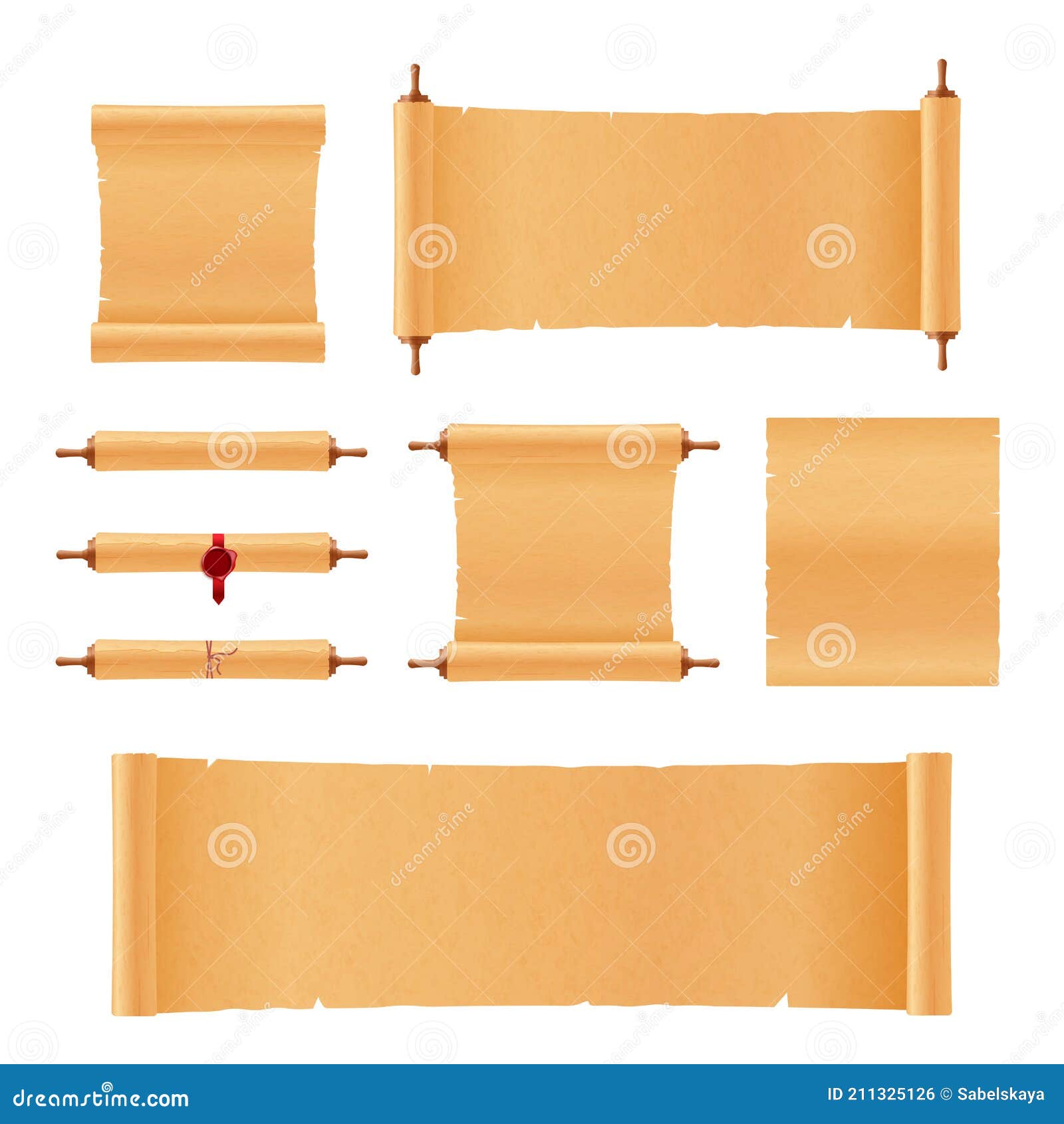 Set of old blank scrolls paper on white background