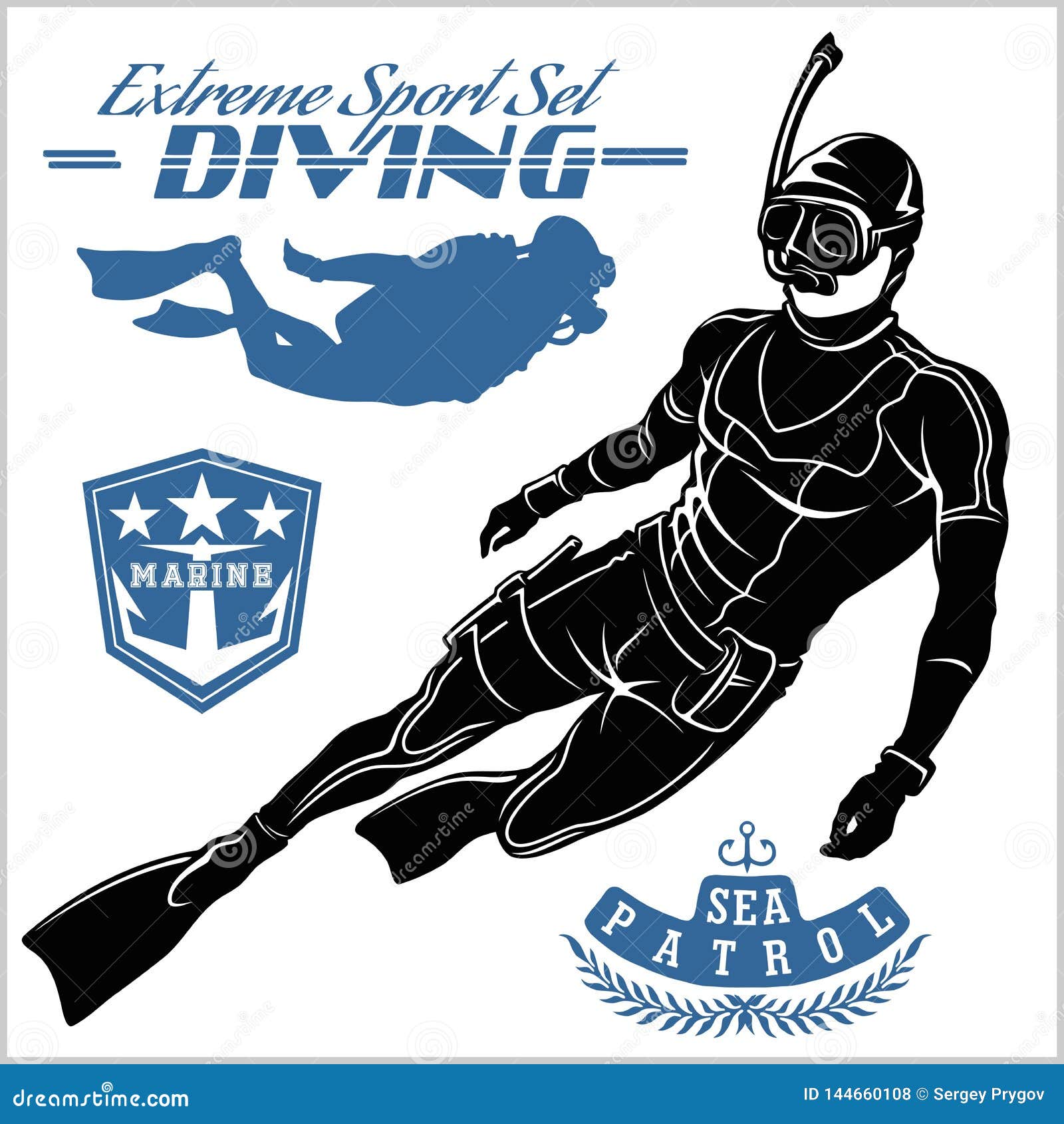 set of scuba diver silhouette and diving labels