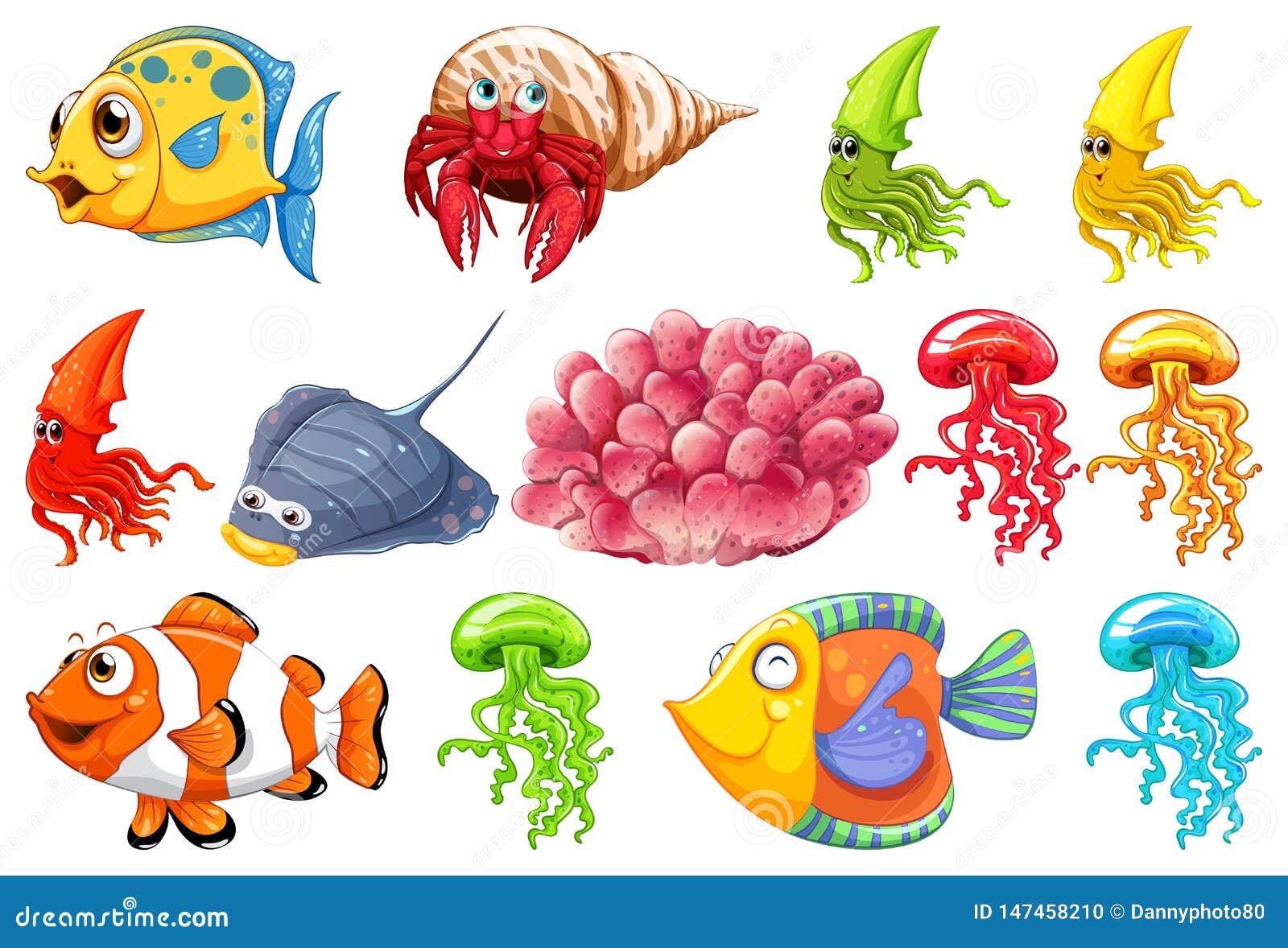 Set of sea creature stock vector. Illustration of clipart - 147458210