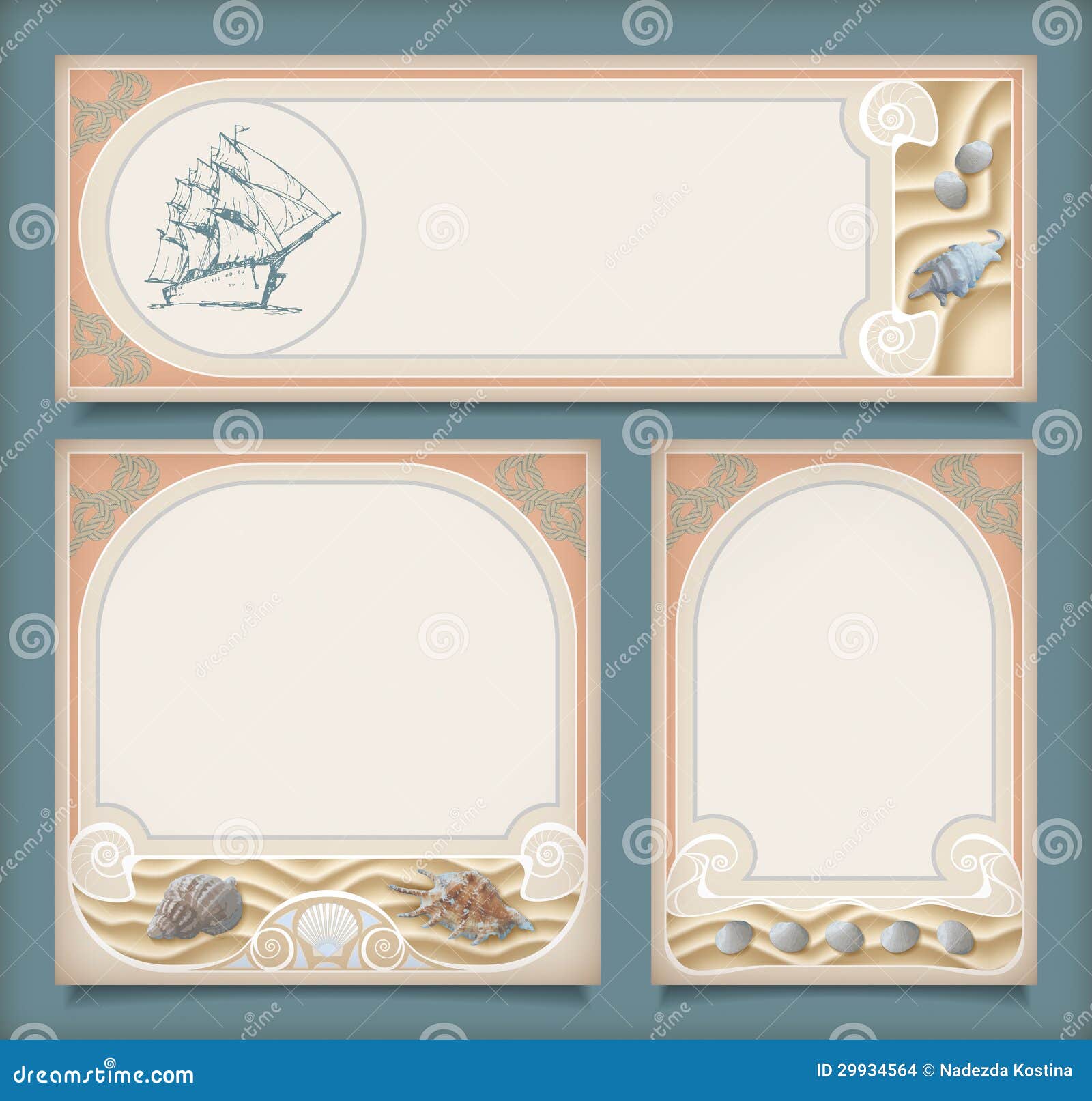 set sea vintage vacation frame banners labels marine collection retro art deco style backgrounds sailing ship shells sand rope 29934564