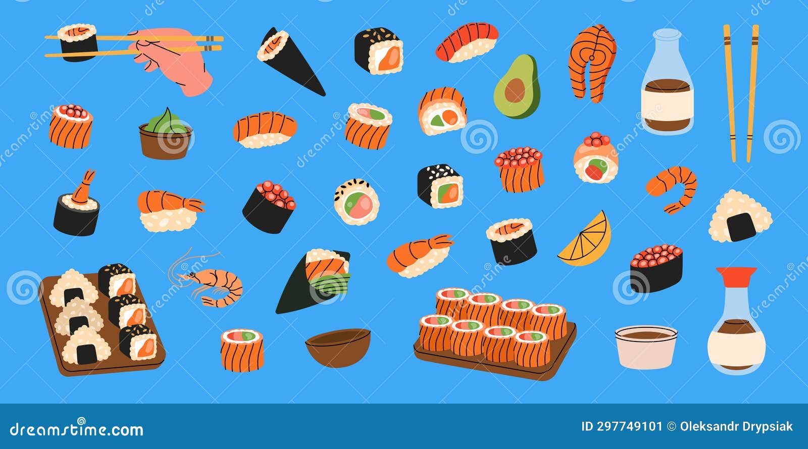 set of seafood sushi. ikura sushi, tobiko maki, philadelphia roll, onigiri, shrimp nigiri, tekkamaki tuna roll, futomaki