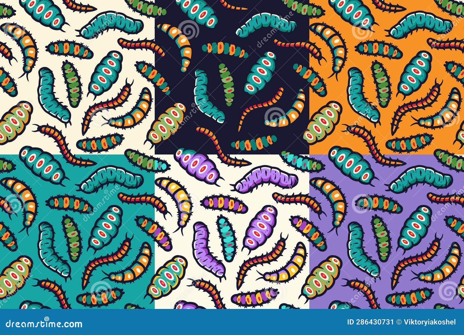 Set of Seamless Patterns with Caterpillars or Worms for Halloween Stock