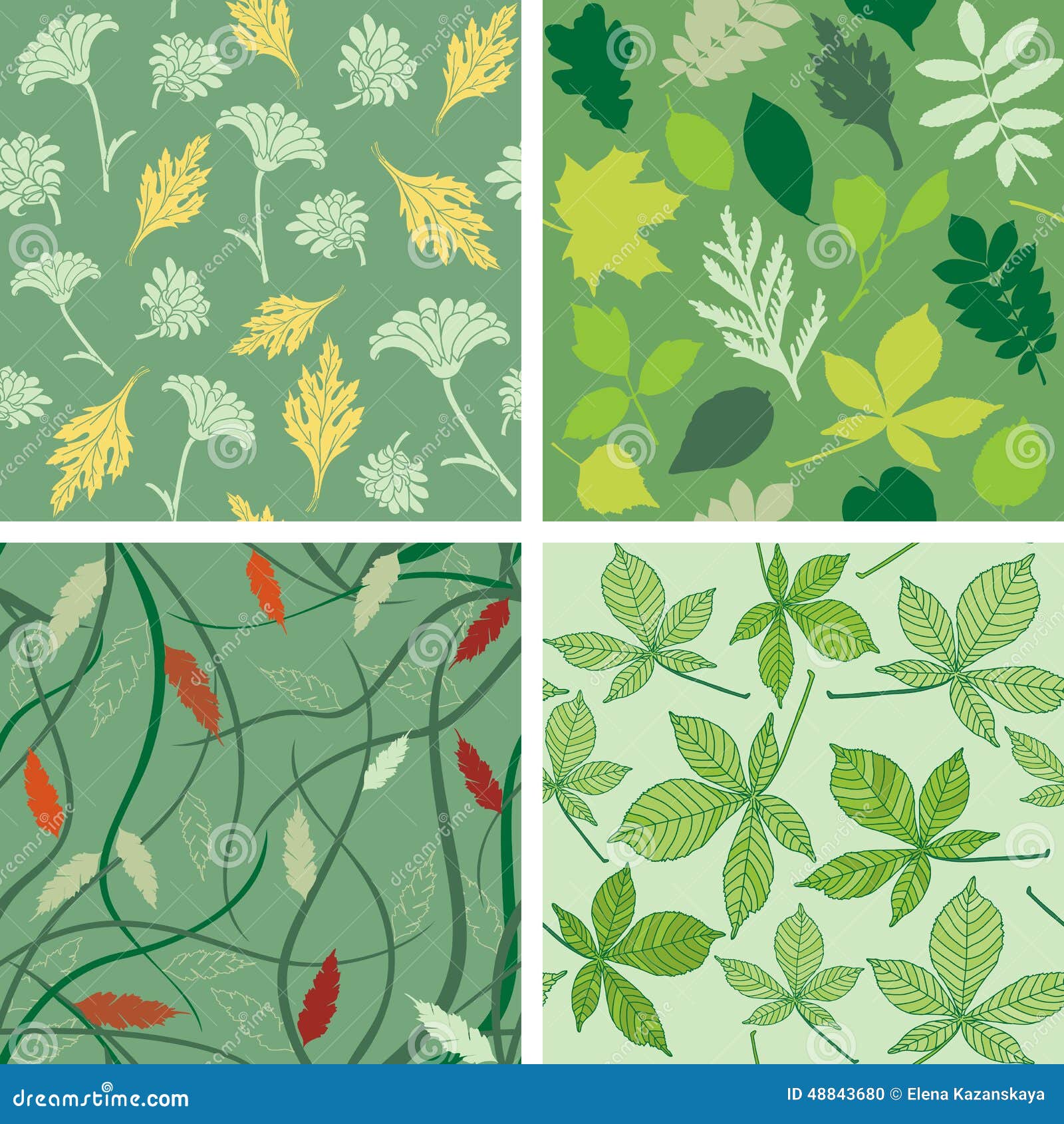 Set of seamless patterns with leaves. Collection of vector seamless patterns with leaves