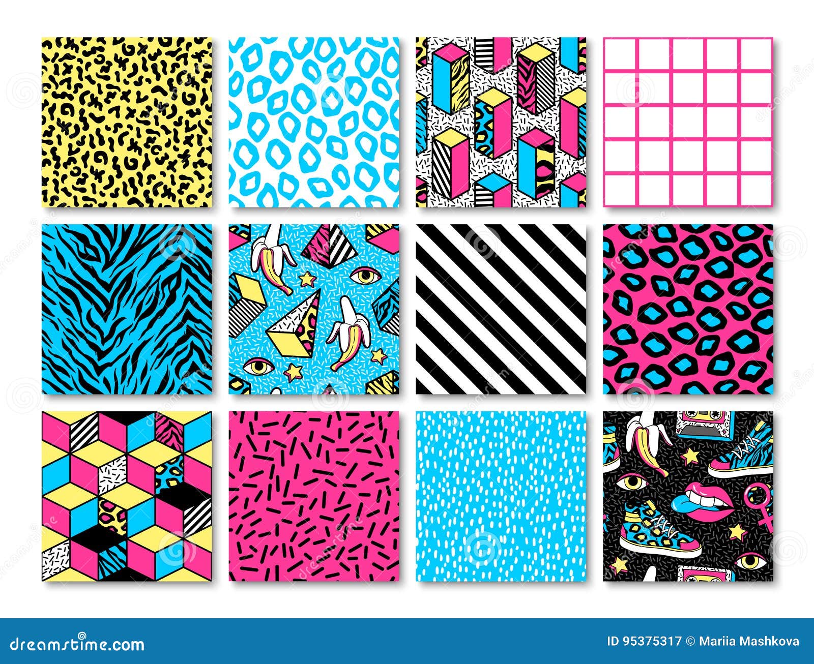set of seamless patterns in 80s-90s memphis style.