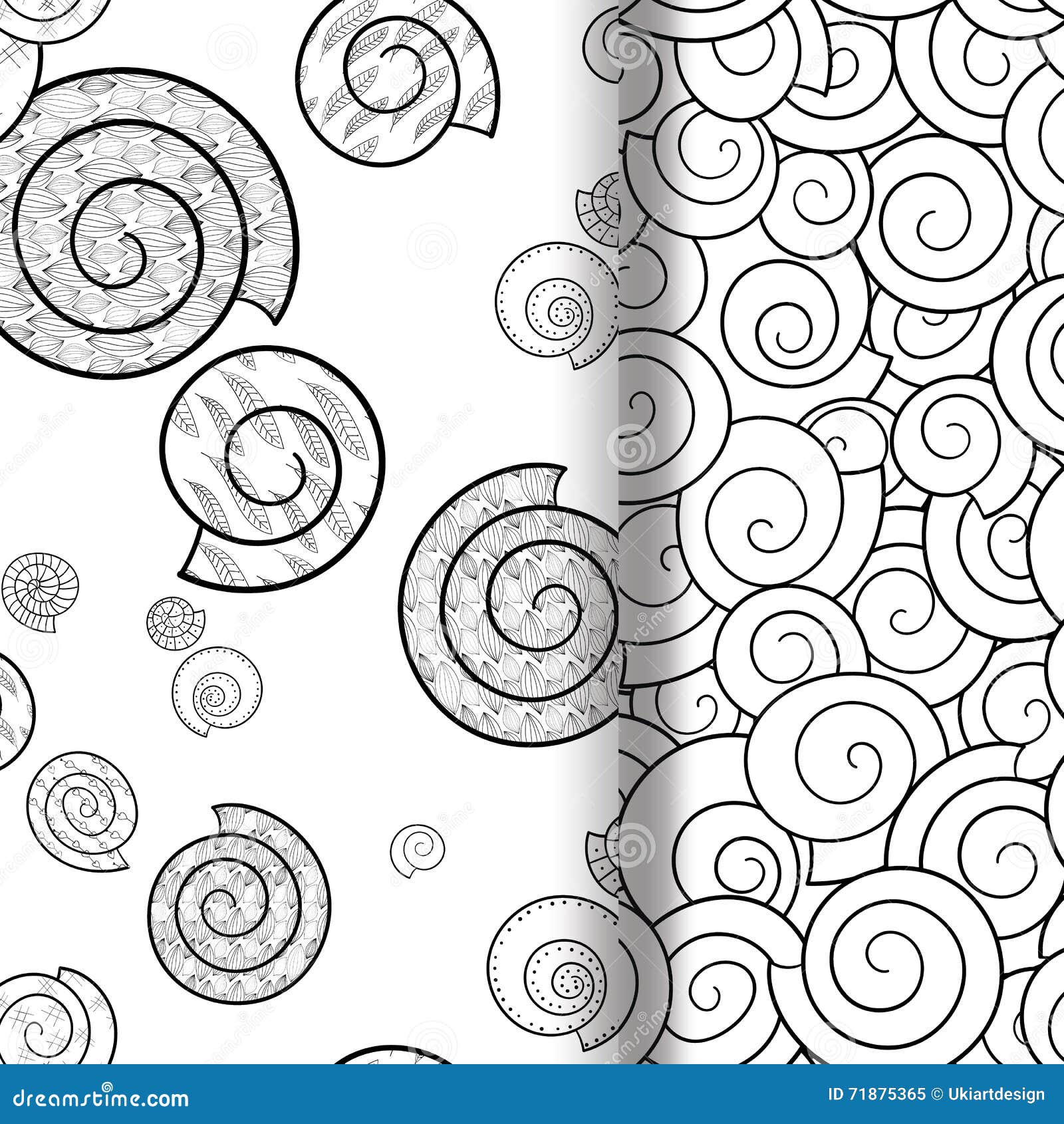 Set of seamless Shells patterns. Hand-drawn decorative elements in vector. Pattern for coloring book. Black and white zentangle pattern for adult coloring pages.