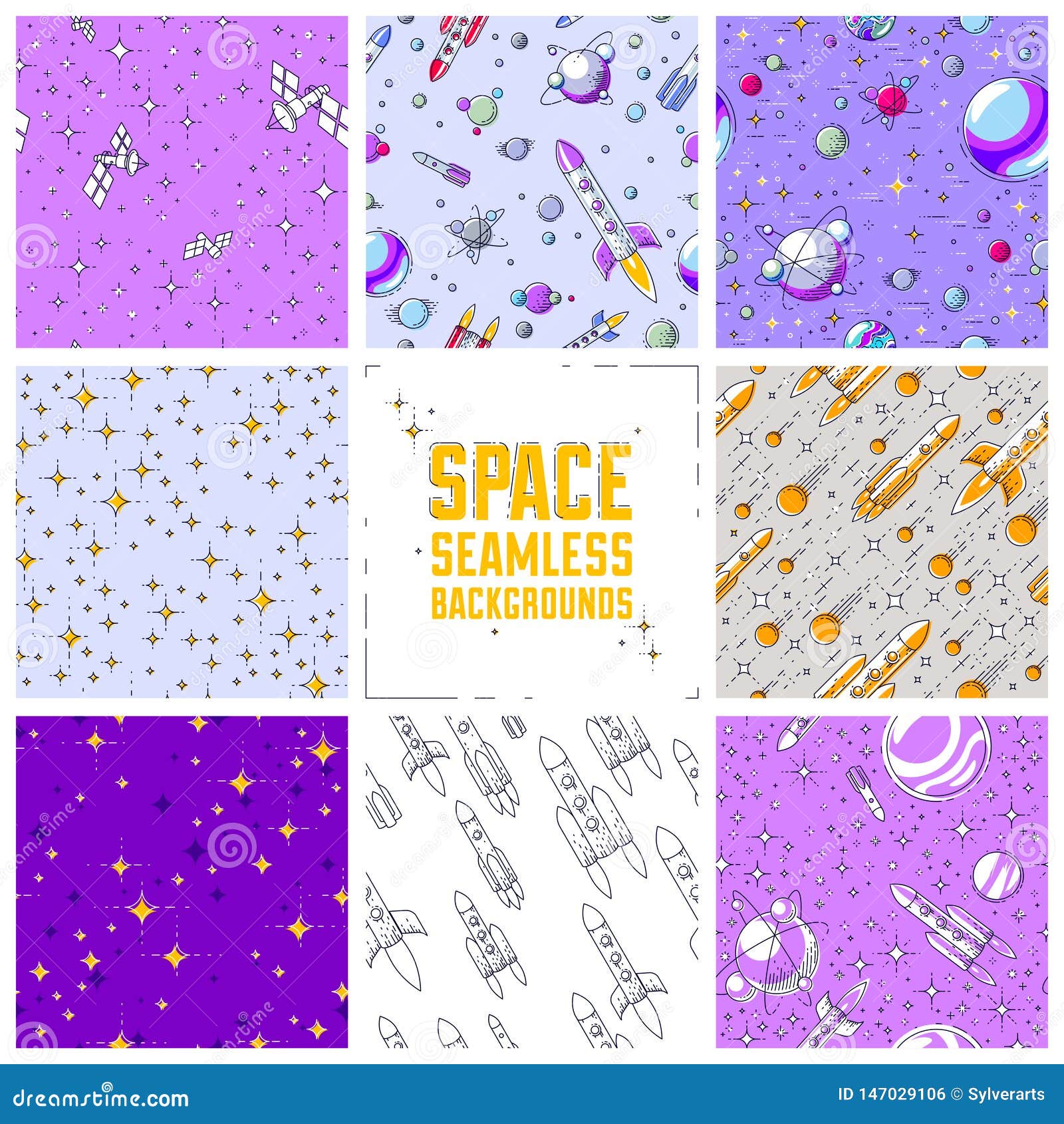 set of seamless space backgrounds with rockets, planets, asteroids, comets, meteors and stars, undiscovered deep cosmos fantastic
