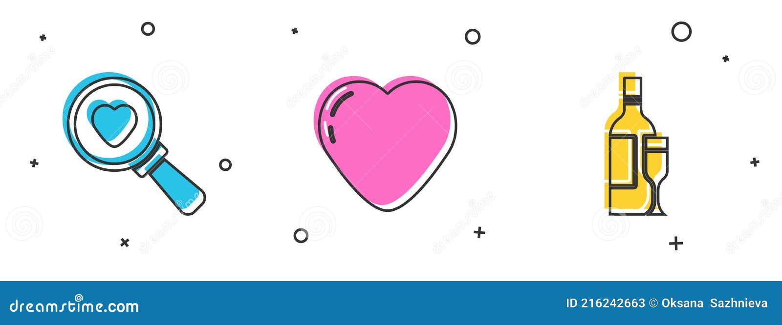 Set Search Heart And Love Heart And Champagne Bottle Icon Vector Stock Vector Illustration