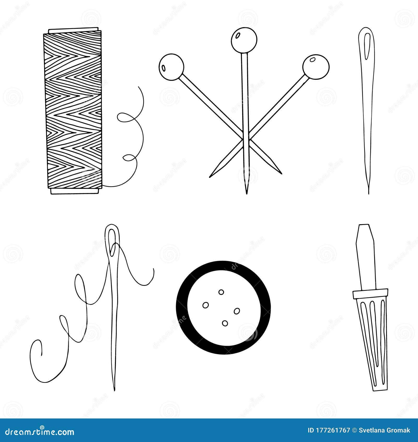 A Set of Sewing Accessories in Doodle Style.Outline Drawing with a Line ...