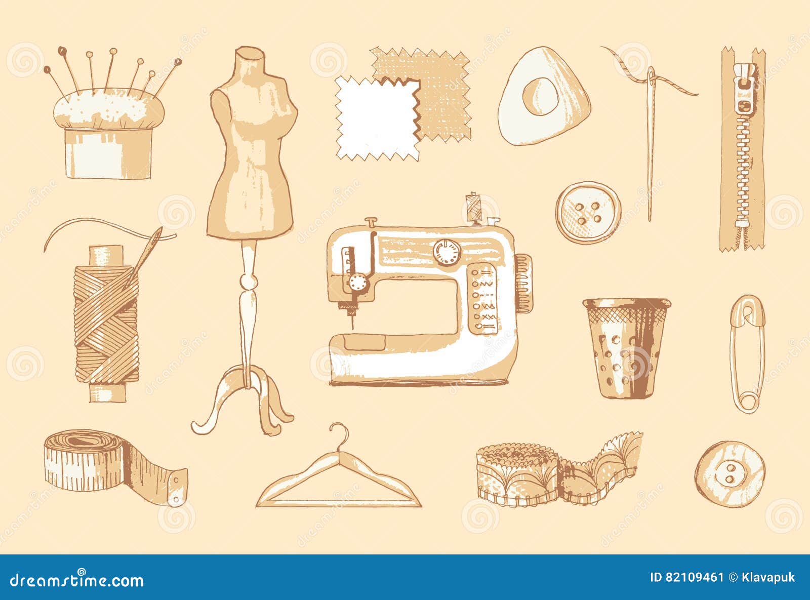 Set of Sewing Equipment. Hand Drawn Vector Illustration. Stock Vector