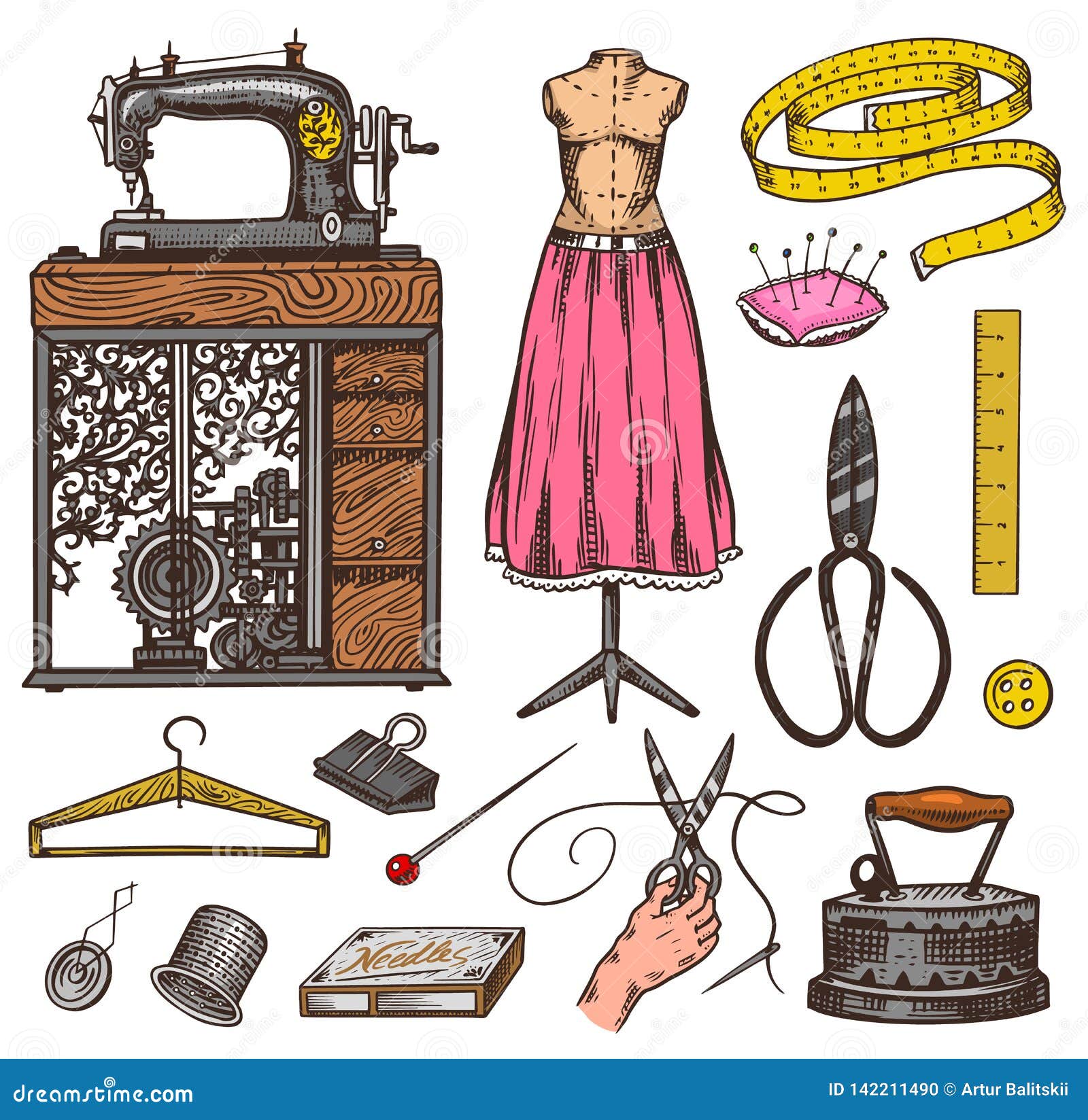 Set of Sewing Tools and Elements or Materials for Needlework. Handmade