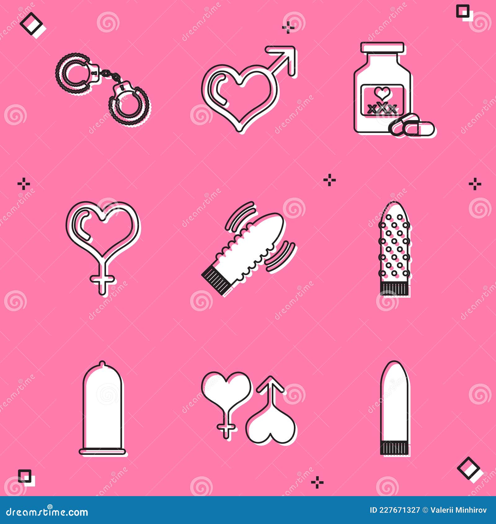 Set Fluffy Handcuffs, Male Gender Heart, Bottle with Pills for Potency, Female, Vibrator Sex Games, Condom Stock Illustration