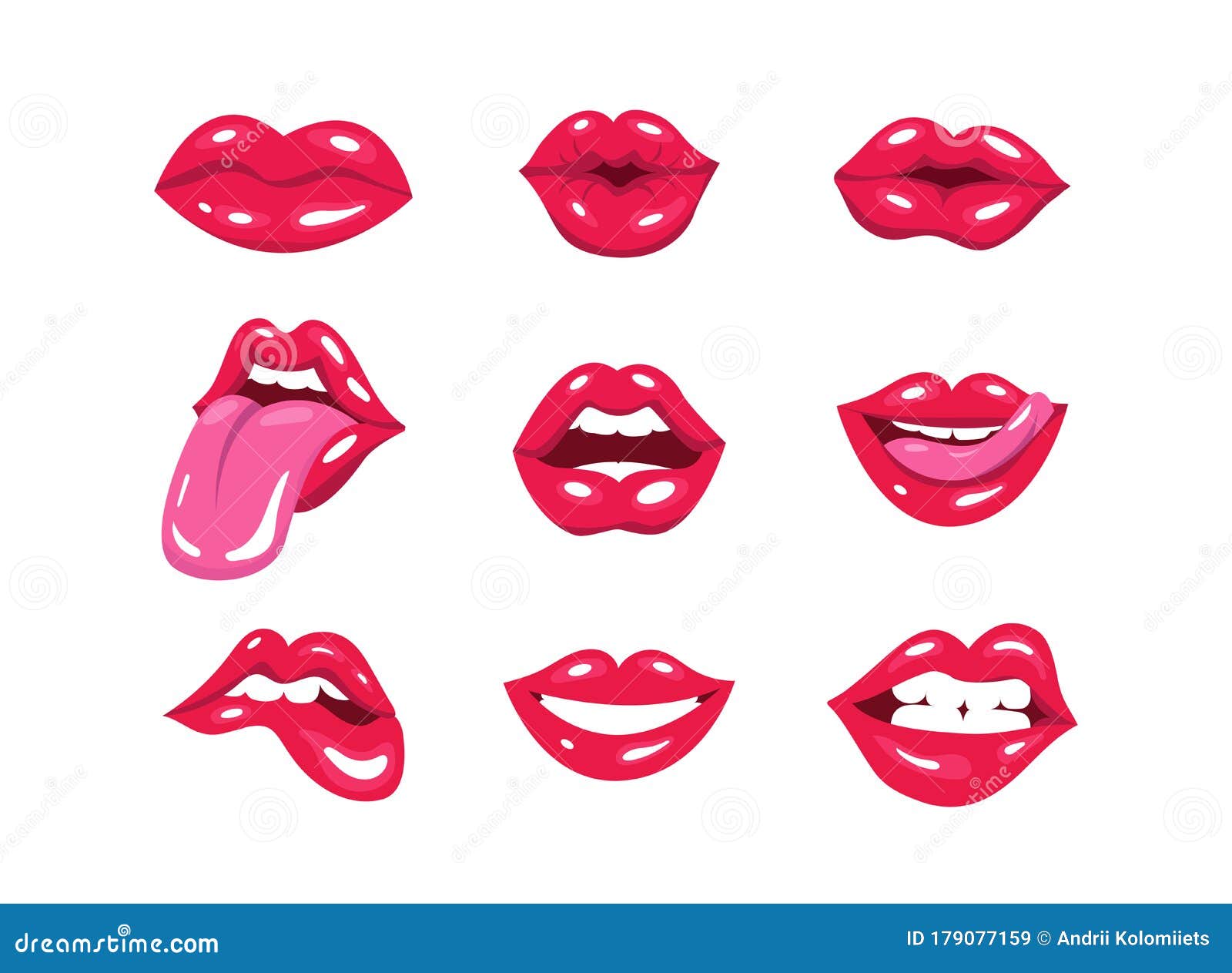 Set Of Red Pop Art Lips Woman`s Lips Expressing Different Emotions