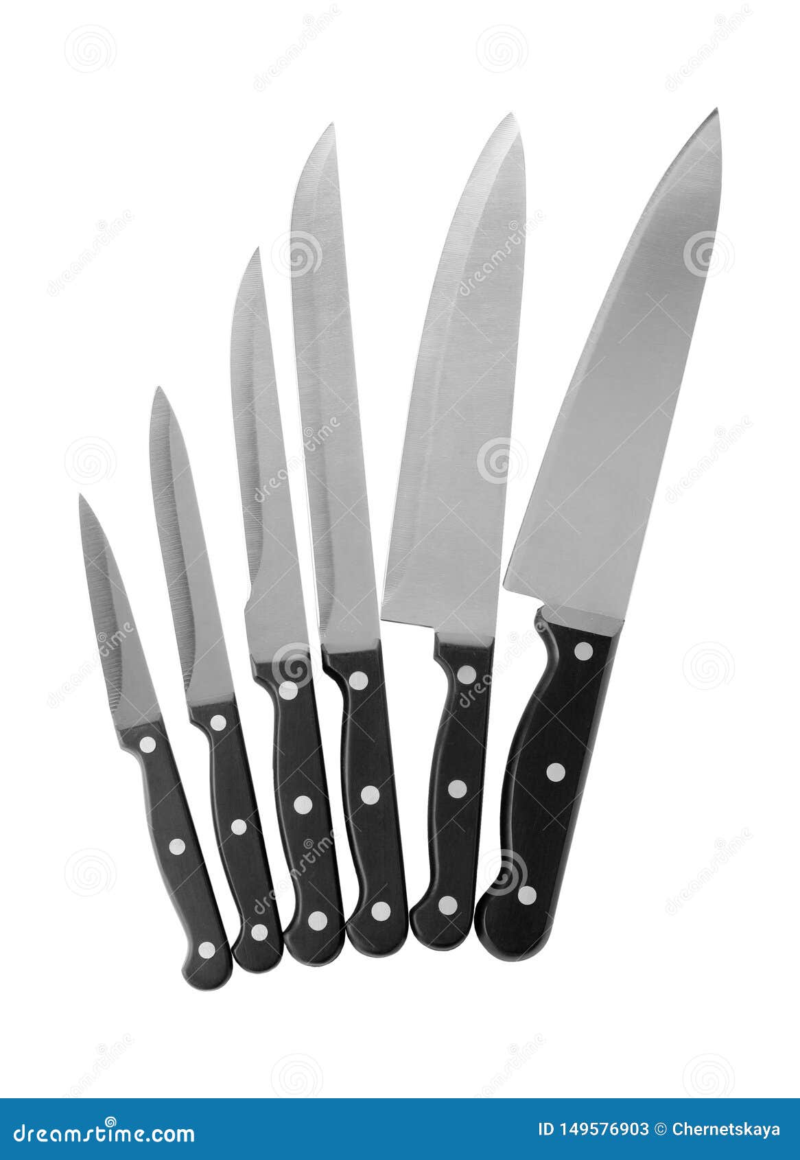 set of sharp knives on white background
