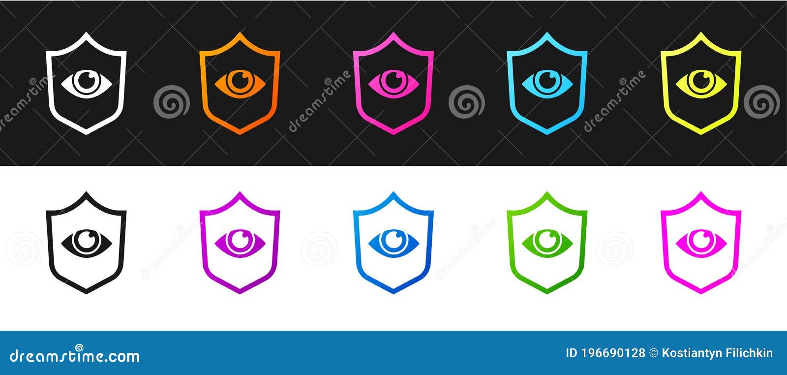 Set Shield and Eye Icon Isolated on Black and White Background