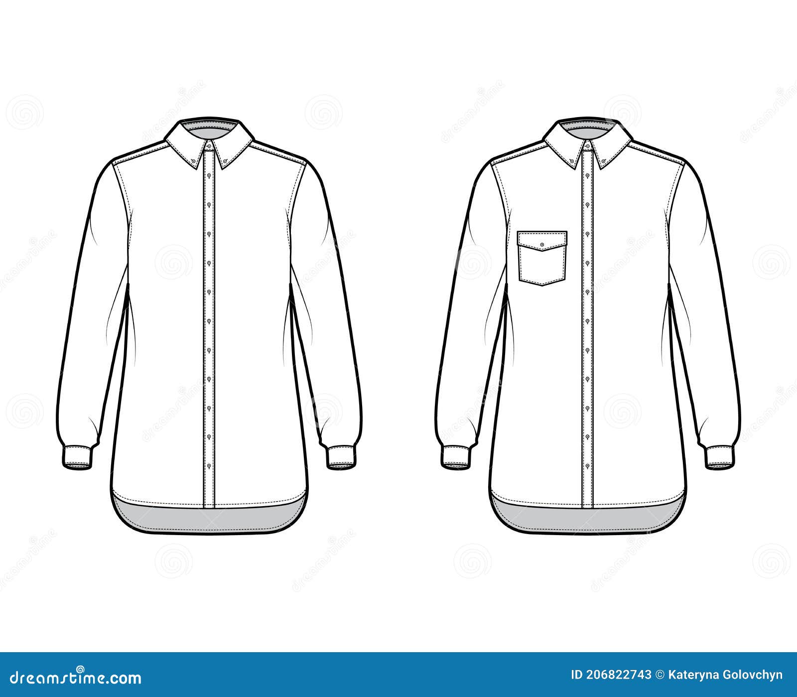 Set of Shirt Button-down Technical Fashion Illustration with Angled ...