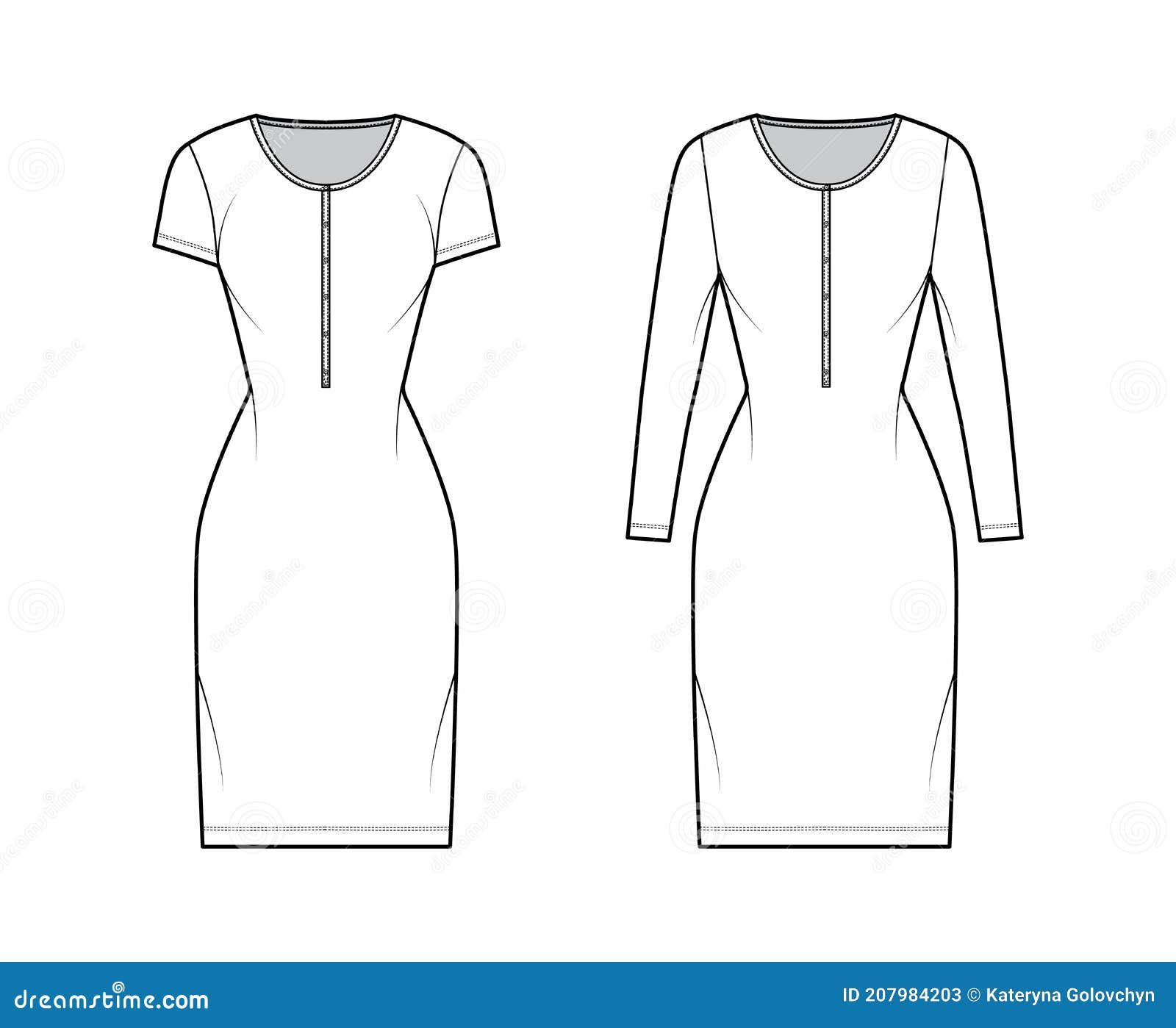 Set of Shirt Dresses Technical Fashion Illustration with Henley Neck ...
