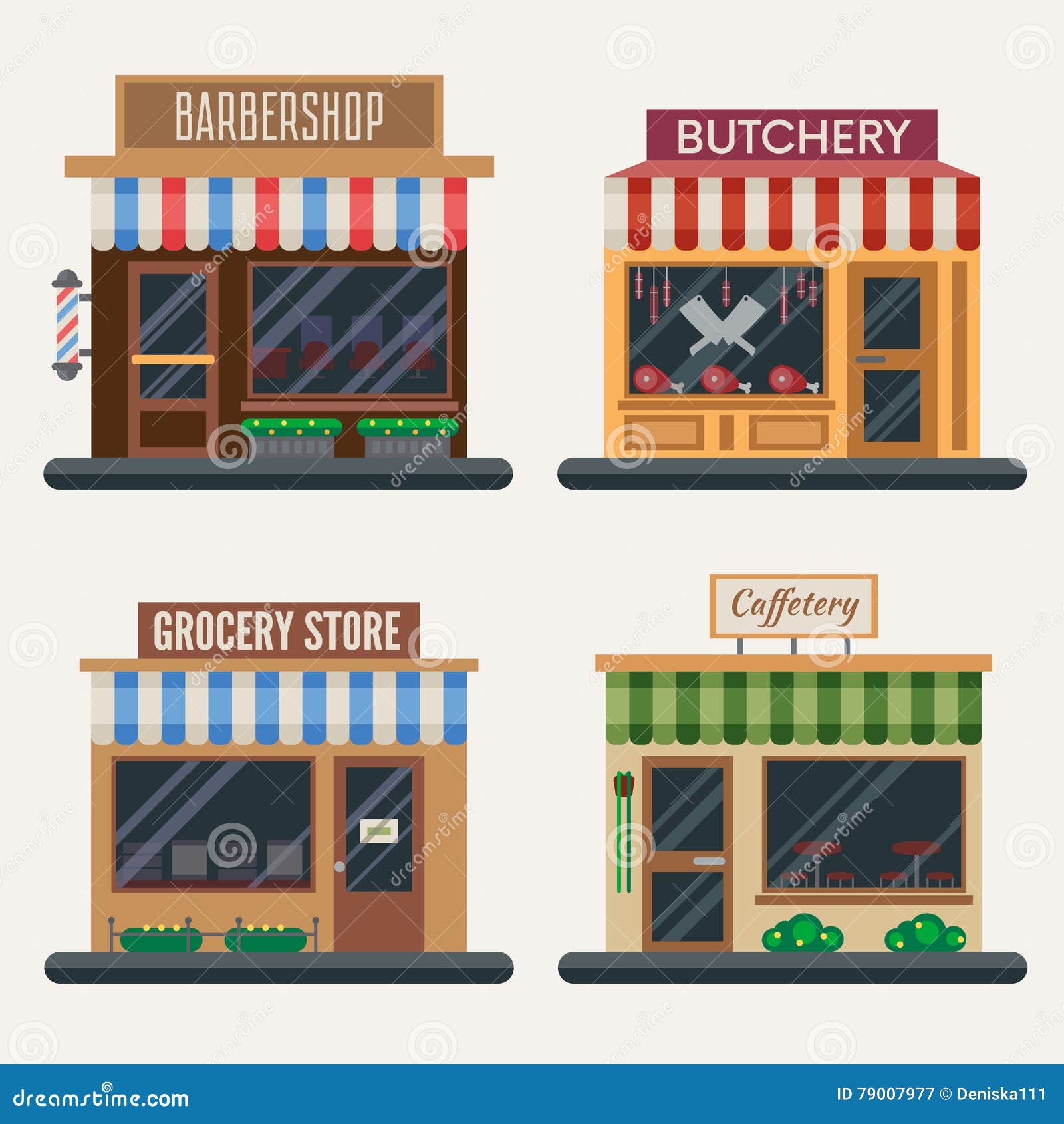 Set of Shops. Butchery, Candy Store, Farm Products, Pizza Cafe, Coffee,  Barbershop. Flat Vector Illustration. Stock Vector - Illustration of price,  product: 79007977